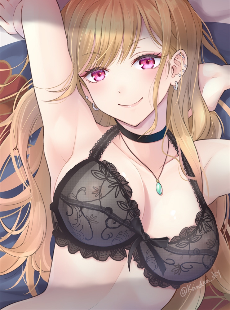 1girls, armpit, armpit crease, armpits, bare belly, black bra, black underwear, blonde female, blonde hair, blonde-haired female, bra, breasts, busty, busty female, busty teenager, cleavage, closed mouth smile, collarbone, digital, digital art, digital drawing, digital drawing (artwork), digital media, digital media (artwork), dot nose, ear piercing, ear piercings, elbows, exposed arms, exposed belly, eyebrows visible through hair, female, female focus, female only, fingers, gyaru, half naked, half nude, hand behind head, head tilt, high resolution, high school student, highres, kanden sky, kitagawa marin, lace bra, lace underwear, lace-trimmed bra, lace-trimmed underwear, laced bra, laced underwear, large breasts, lean figure, lips, long hair, looking at viewer, lying, lying down, lying on back, midriff, naked, naked female, naked woman, narrow waist, nude, nude female, nudity, on back, pierced ear, pierced ears, pink eyes, pink-eyed female, posing, posing for the viewer, posing naked, posing nude, ribbon bra, schoolgirl, semi nude, shaved armpits, shoulders, simple background, slender body, slender waist, slim waist, smile, smiley face, smiling, smiling at viewer, smirk, solo, sono bisque doll wa koi wo suru, teenage female, teenager, tilted head, underwear, underwear only, upper body, young female, young woman
