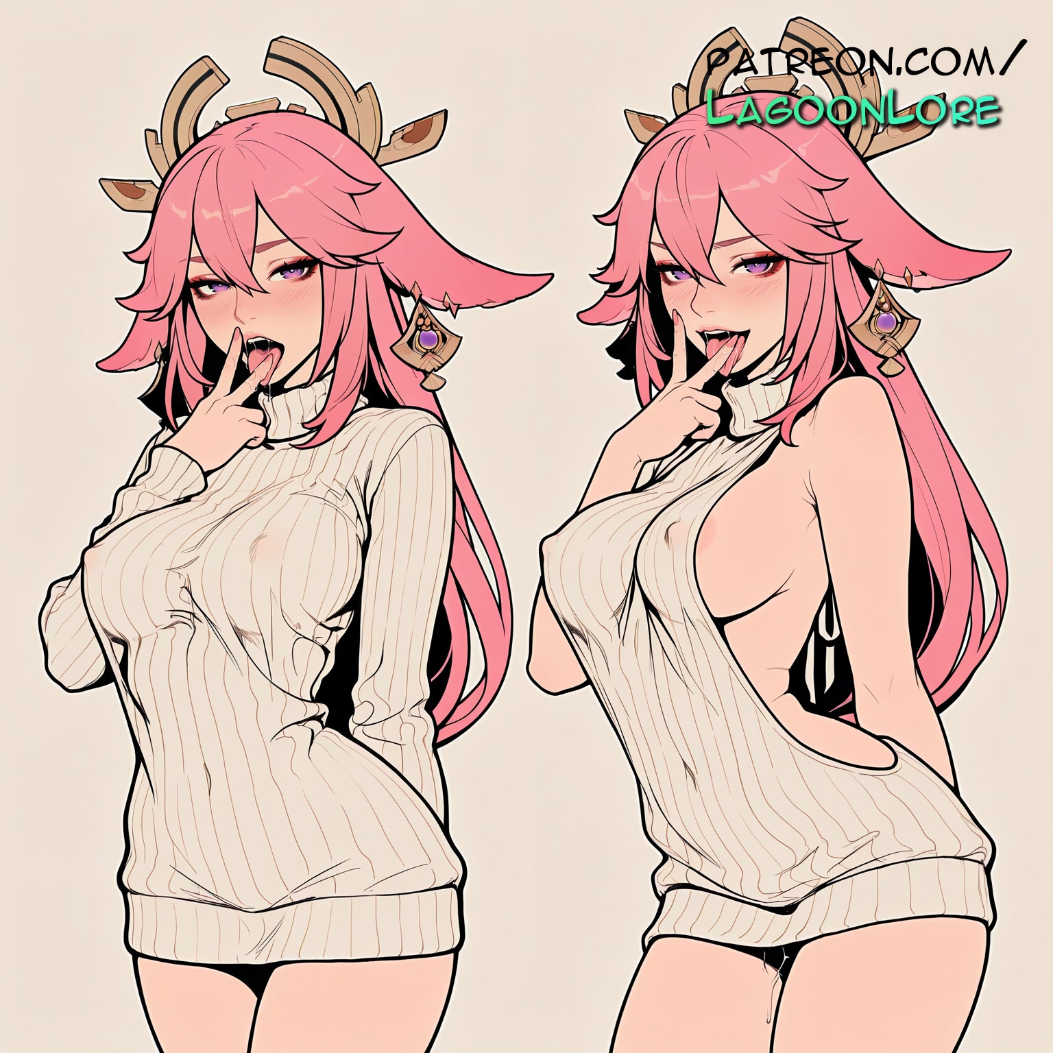 ai generated, aran sweater, artist name, backless outfit, blush, breasts, bust, chest, covered nipples, cowboy shot, dress, female, genshin impact, gradient, gradient background, hair between eyes, hi res, highres, lagoonlore, licking finger, long hair, looking at viewer, meme attire, naked sweater, open mouth, patreon, patreon username, pink hair, purple eyes, ribbed sweater, sweater, sweater dress, tongue, turtleneck, turtleneck sweater, virgin killer sweater, watermark, white sweater, yae miko