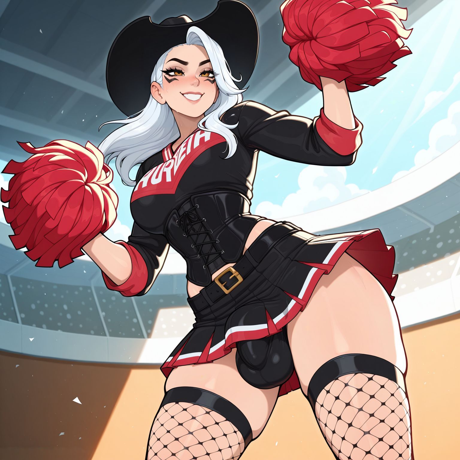 ai generated, ashe (overwatch), balls, belt, belt buckle, black belt, black headwear, black panties, black shirt, black skirt, blush, breasts, bulge, cheerleader, clothing, corset, covered balls, covered penis, cowboy hat, day, facial mark, female, fishnet thighhighs, fishnets, from below, futanari, grin, hat, holding, holding pom poms, intersex, large breasts, legwear, lipstick, long hair, long sleeves, looking at viewer, lunaart, makeup, miniskirt, overwatch, overwatch 2, penis, pleated skirt, pom pom (cheerleading), shirt, skindentation, skirt, smile, solo, standing, teeth, testicles, thighhighs, thighs, underwear, white hair, yellow eyes
