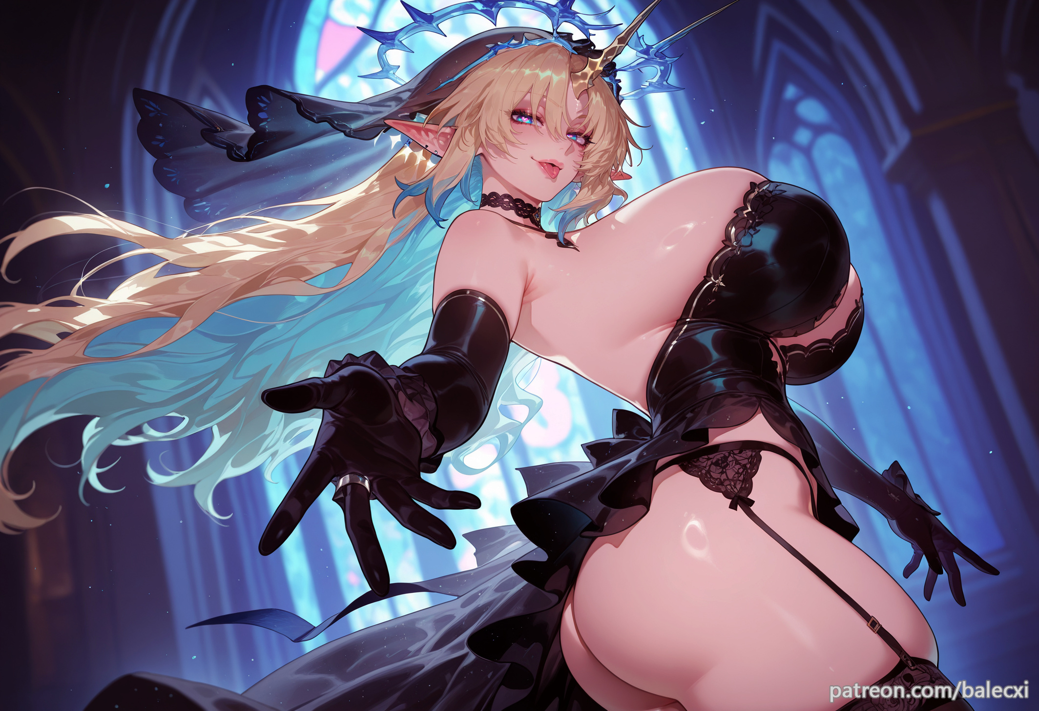 ai generated, ass, balecxi, bare shoulders, black dress, black gloves, blonde hair, blue eyes, blurry background, breasts, church, elbow gloves, female, fleurdelys (wuthering waves), garter belt, halo, horns, huge breasts, jewelry, long hair, looking at viewer, pointy ears, smile, solo, thighhighs, thighs, wuthering waves