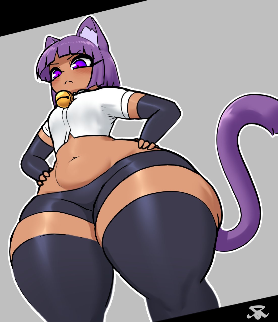 1girls, anthro, ass, belly, belly button, big thighs, black legwear, black thighhighs, blush, blush lines, blushed face, blushing, blushing female, booty shorts, breasts, cat ears, cat girl, cat humanoid, cat tail, catgirl, clothed, clothed female, curvaceous, curvaceous body, curvaceous female, curvaceous figure, curvaceous hips, curvy, curvy body, curvy female, curvy figure, curvy hips, ear tuft, enormous thighs, female, female focus, female only, flat chest, flat chested, from below, gigantic thighs, high resolution, highres, hips wider than shoulders, huge hips, huge thighs, kalmoire, large hips, large thighs, looking down, looking down at viewer, massive thighs, meaty thighs, midriff, navel, original character, pear shaped, pear shaped female, pear-shaped figure, purple eyes, purple fur, purple hair, short female, short hair, short-haired female, shortstack, skull crushing thighs, slight blush, slim waist, slit pupils, small breasts, solo, solo female, solo focus, tan skin, tan-skinned female, thick hips, thick legs, thick thighs, thighhighs, thighs, thin waist, thunder thighs, voluptuous, voluptuous female, wide hipped female, wide hips
