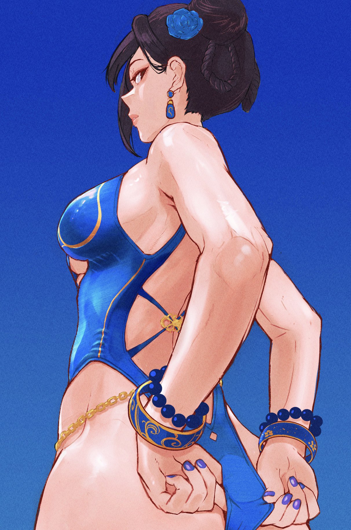 1girls, adjusting clothes, adjusting swimsuit, alternate costume, armpits, ass, bare shoulders, black hair, blue background, blue one-piece swimsuit, bracelet, breasts, bun cover, capcom, chun-li, curvy, double bun, earrings, female, female only, flower, from side, hair bun, hair flower, hair ornament, highleg, highleg one-piece swimsuit, highres, huge ass, jewelry, nail polish, official alternate costume, one-piece swimsuit, painted fingernails, painted nails, sideboob, street fighter, street fighter 6, studded bracelet, swimsuit, thong one-piece swimsuit, underboob, wide hips, yuenibushi