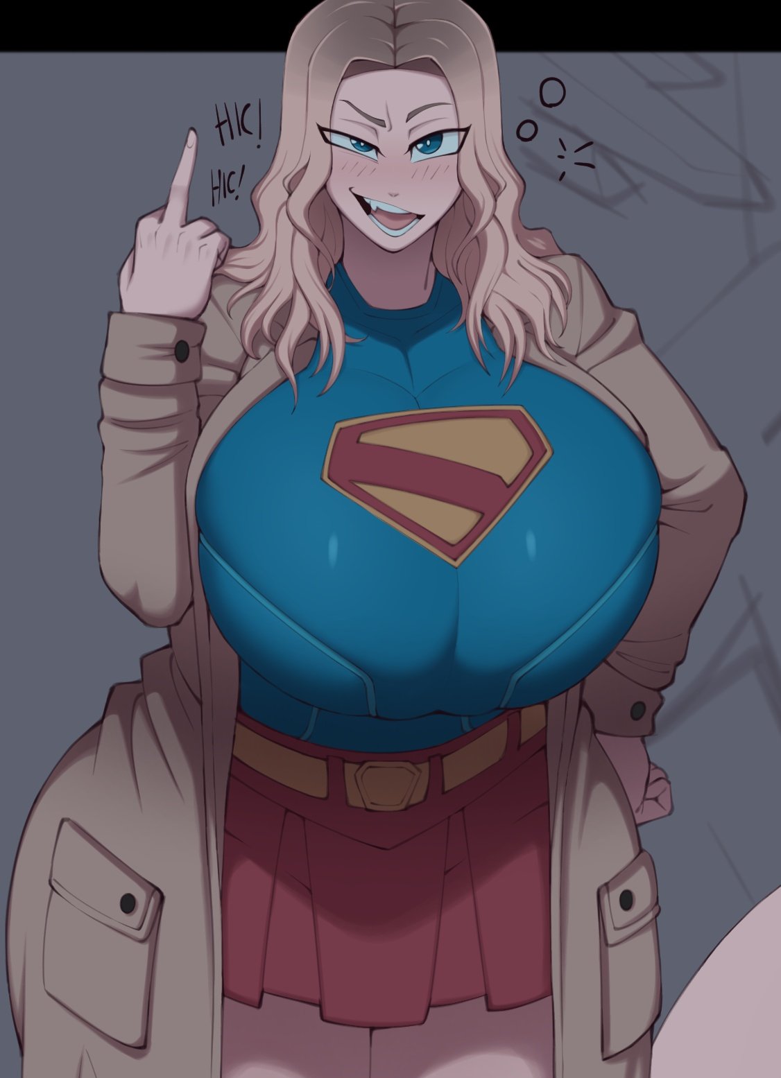 1girls, big breasts, blonde hair, blue eyes, breasts, breasts bigger than head, dc, dc comics, dcu, drunk, drunk bubble, female, female only, huge breasts, kara zor-el, large breasts, luckyshazo, middle finger, milly alcock, skirt, supergirl, supergirl (dcu), superman (2025), superman (series), trenchcoat, unfinished, wip, work in progress