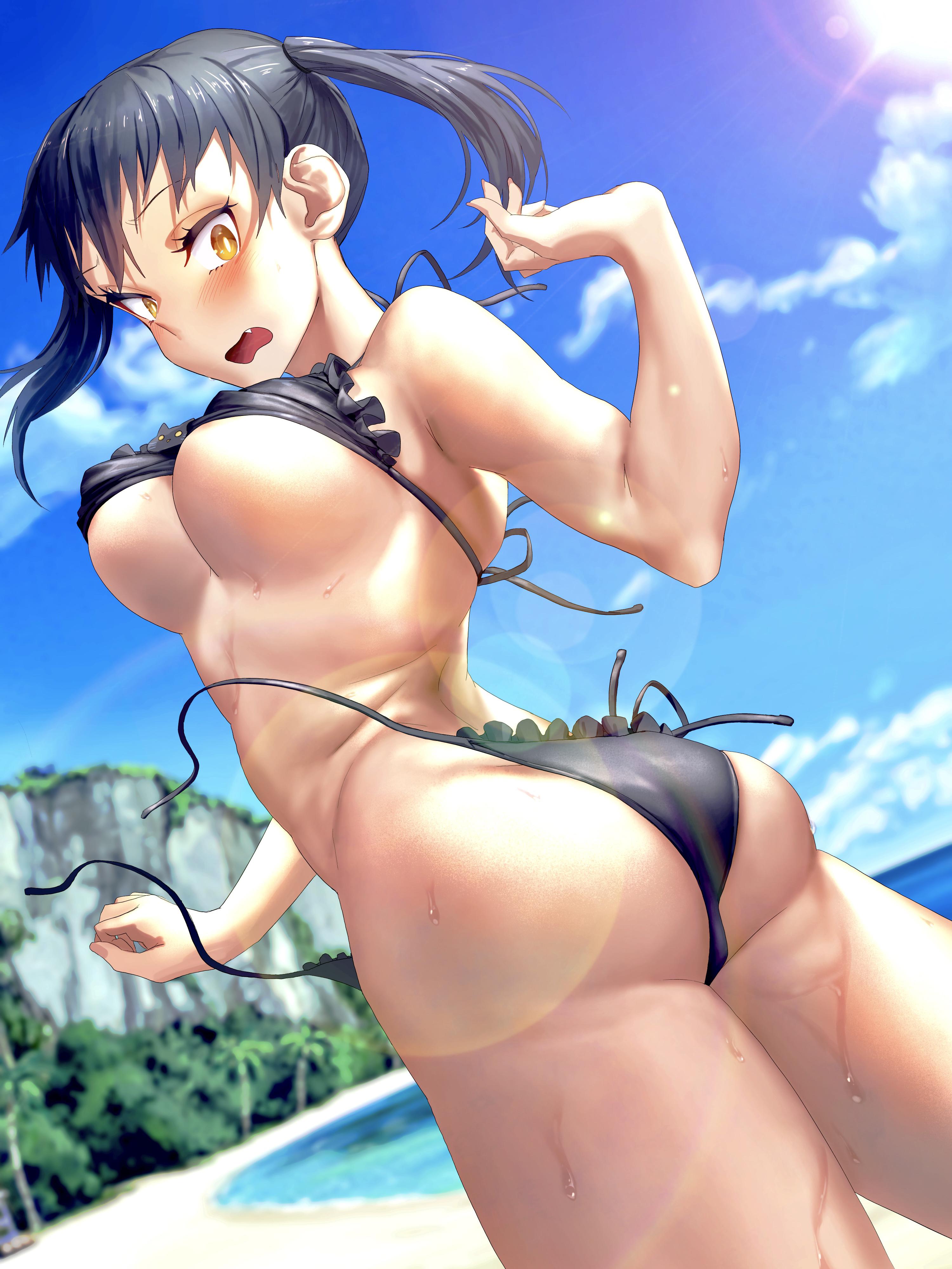 1girls, armpits, ass, bare belly, beach, belly, bikini, bikini bottom, bikini only, bikini top, black bikini, black bikini bottom, black bikini top, black hair, black string bikini, black swimsuit, black swimwear, black-haired female, blue sky, blurred background, blurry background, blush, blush face, blushing at viewer, blushing female, breasts, busty, busty female, busty teenager, clouds, coast, curvaceous, curvaceous body, curvaceous female, curvaceous figure, curvaceous teenager, curvy, curvy body, curvy female, curvy figure, day, daytime, digital, digital art, digital drawing, digital drawing (artwork), digital media, digital media (artwork), dripping wet, elbows, embarrassed exposed female, embarrassed expression, embarrassed female, enen no shouboutai, exposed arms, exposed belly, exposed skin, female, female focus, female only, fingernails, fingers, fire force, flustered, flustered female, frilled bikini, frilled bikini bottom, frilled bikini top, frilled swimsuit, frilled swimwear, gluteal fold, half naked, half nude, halterneck, head tilt, high resolution, highres, horizon, huny1026317, inframammary fold, kotatsu tamaki, large breasts, lean figure, long hair, looking at viewer, looking back, looking back at viewer, looking down, looking down at viewer, midriff, naked, naked female, naked woman, narrow waist, nude, nude female, nudity, ocean, open mouth, orange eyes, orange-eyed female, outdoor nudity, outdoors, outside, parted lips, sand, sea, seaside, semi nude, shoulders, skindentation, sky, slender body, slender waist, slim waist, soaked, solo, standing, string bikini, sunlight, sunlight rays, swimsuit, swimwear, teenage female, teenager, thick ass, thick butt, thick thighs, thighs, tilted head, tongue, twintails, twintails (hairstyle), twisted torso, underboob, upper body, wet, wet ass, wet belly, wet bikini, wet body, wet breasts, wet legs, wet skin, wet swimsuit, wet thighs, white pupils, wide hips, young female, young woman