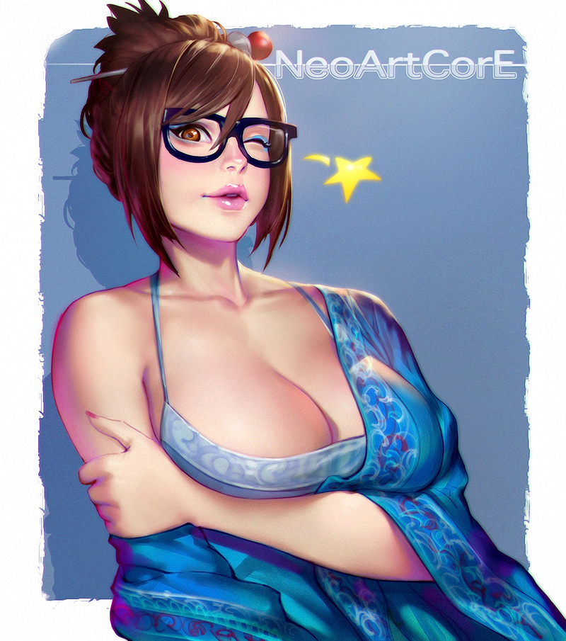 blizzard entertainment, bra, breasts, brown eyes, brown hair, cleavage, female, female focus, female only, glasses, hairbun, large breasts, mei (overwatch), neoartcore, overwatch, solo, wink