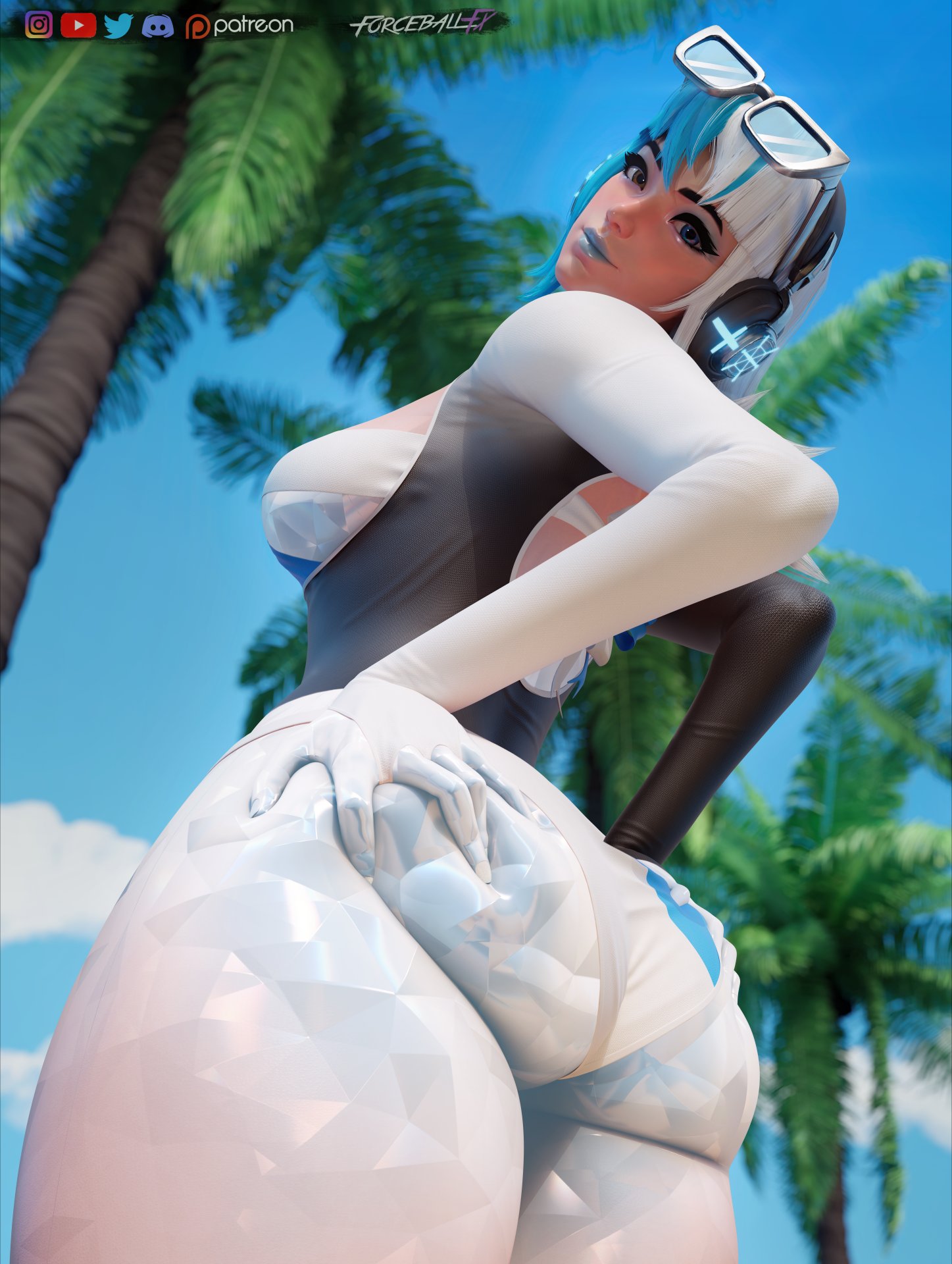 1girls, 3d, alternate version available, ass, ass focus, ass grab, female, female only, forceballfx, looking at viewer, low-angle view, luna snow, luna snow (cool summer), luna snow (marvel rivals), marvel, marvel comics, marvel rivals, thick thighs