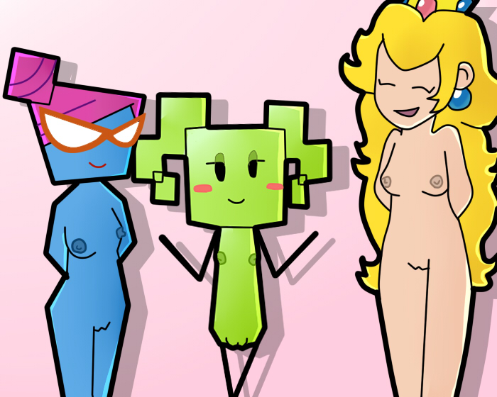 2d blonde_hair blue-skinned_female blue_skin blush crown ear_piercing eyewear female glasses green-skinned_female green_hair green_skin human humanoid mammal mario_(series) mimi_(super_paper_mario) mob_face nastasia nintendo paper_mario paper_peach piercing pink_hair princess_peach pussy secretary unknown_artist unknown_species young