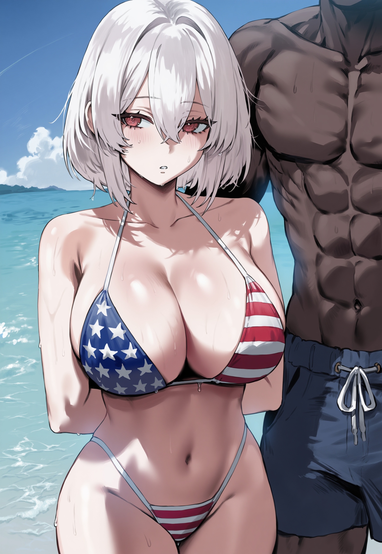 1boy, 1girls, ai generated, american flag bikini, azur lane, beach, big breasts, bikini, breasts, dark-skinned male, female, female focus, huge breasts, large breasts, light-skinned female, male, navel, red eyes, short hair, sirius (azur lane), thick thighs, thighs, truck kun, white hair