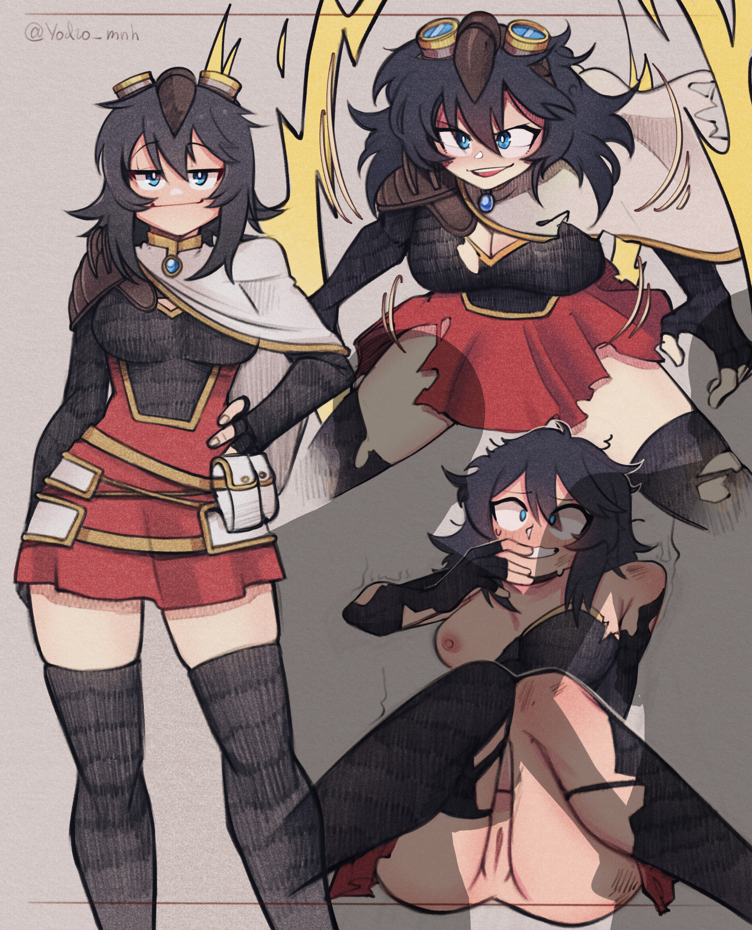 1girls, black hair, black legwear, black thighhighs, blue eyes, breasts, clothing, exposed breasts, exposed pussy, female, imminent sex, knees together feet apart, long hair, pussy, red skirt, ripped clothing, sierra dazorelle, skirt, smug, spread legs, thighhighs, torn clothes, wide eyed, wide hips, yodzo