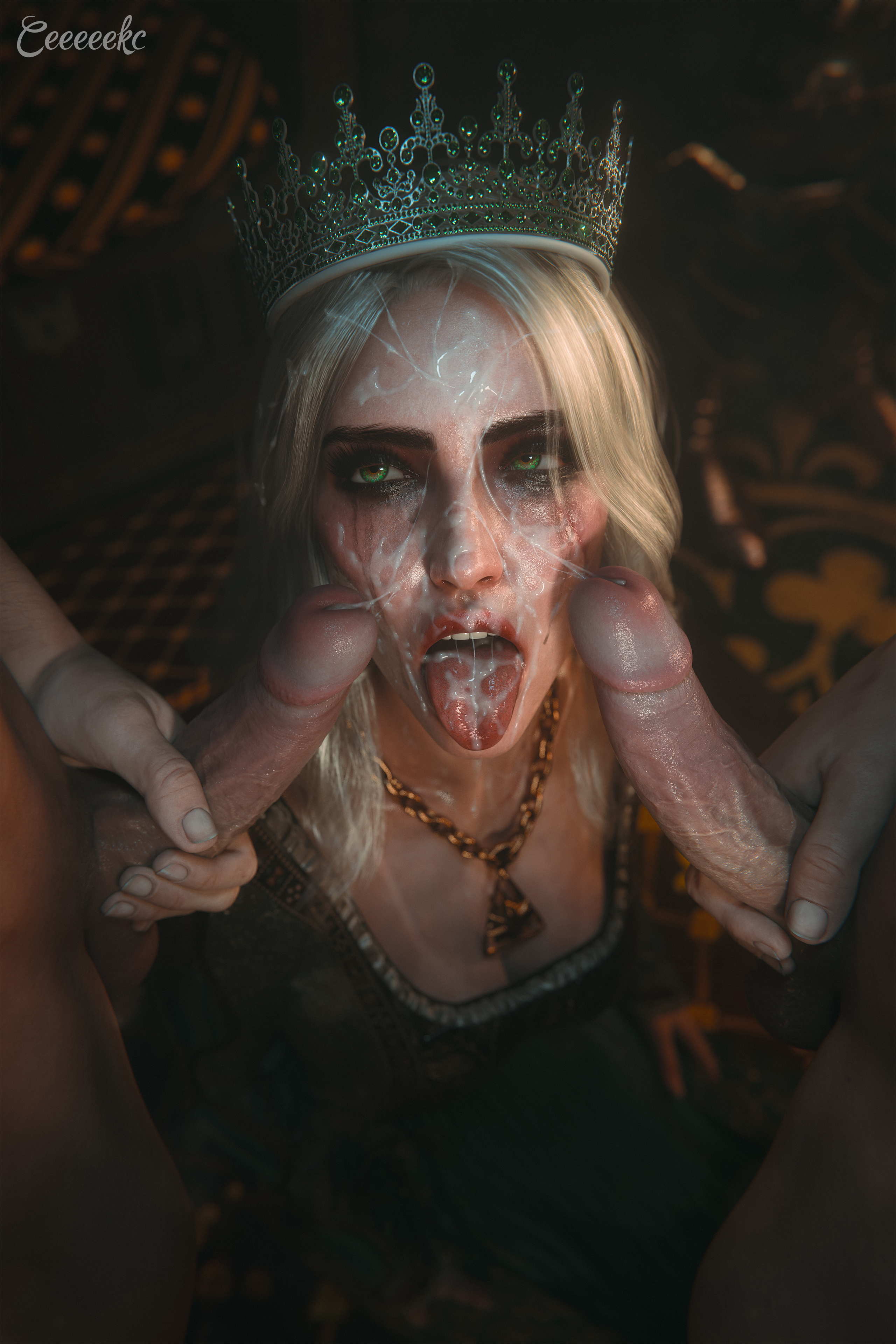 1girls, 2boys, 2boys1girl, 3d, 3d (artwork), balls, ballsack, black eyebrows, blender, blender (software), blender cycles, breasts, cd projekt red, ceeeeekc, ciri, collar, crown, cum, cum in mouth, cum on face, cum on upper body, empress ciri, female, female focus, green eyes, large cock, large penis, long hair, looking at partner, looking pleasured, looking up, male, male penetrating, male/female, mascara tears, oral, oral sex, penis, penis awe, penis on face, ruined makeup, running mascara, runny makeup, semen, semen in mouth, semen on face, testicles, the witcher (series), the witcher 3: wild hunt, threesome, tongue, tongue out, vein, veins, veiny, veiny penis, very long hair, wet, wet body, wet skin, white hair