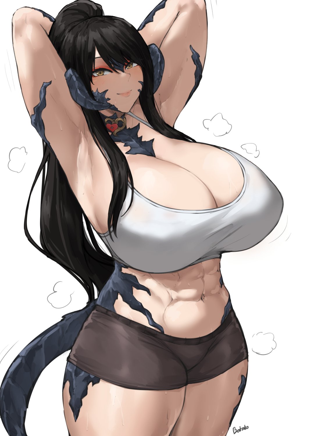 1girls, 2025, abs, arms behind head, au ra, batako, big breasts, black scales, breasts, cleavage, female, female only, final fantasy, final fantasy xiv, fit, fit female, hi res, horns, huge breasts, light skin, light-skinned female, looking at viewer, sapphira nyx, scales, shorts, smiling, smiling at viewer, solo, tank top, thick thighs, toned, toned female, white background, yellow eyes