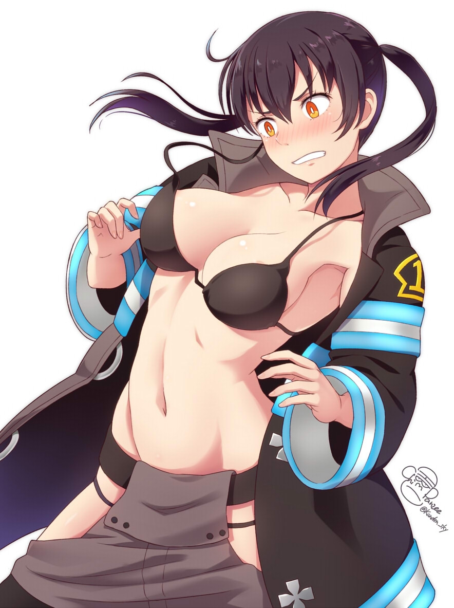 1girls, areola slip, areolae slip, bare armpits, bare belly, bare chest, bare hands, bare midriff, bare navel, bare shoulders, bare skin, belly, belly button, bikini, bikini top, black bikini, black bikini top, black hair, black string bikini, black swimsuit, black swimwear, black-haired female, blush, blush face, blushing female, blushing lines, breasts, busty, busty female, busty teenager, cleavage, collarbone, digital, digital art, digital drawing, digital drawing (artwork), digital media, digital media (artwork), embarrassed, embarrassed expression, embarrassed female, enen no shouboutai, exposed armpits, exposed belly, exposed chest, exposed midriff, exposed navel, exposed shoulders, exposed skin, female, female focus, female only, fingernails, fingers, fire force, firefighter, firefighter jacket, firefighter outfit, firefighter uniform, frown, frown eyebrows, frowning, groin, hair between eyes, halterneck, head tilt, high resolution, highres, hourglass figure, kanden sky, kotatsu tamaki, large breasts, lean figure, linea alba, long hair, midriff, narrow waist, navel, orange eyes, orange-eyed female, ribs, shoulders, simple background, skinny, skinny female, skinny waist, slender body, slender waist, slim waist, solo, standing, stomach, string bikini, swimsuit, swimwear, teenage female, teenager, tilted head, twintails, twintails (hairstyle), upper body, white background, white pupils, wide hips, young female, young woman
