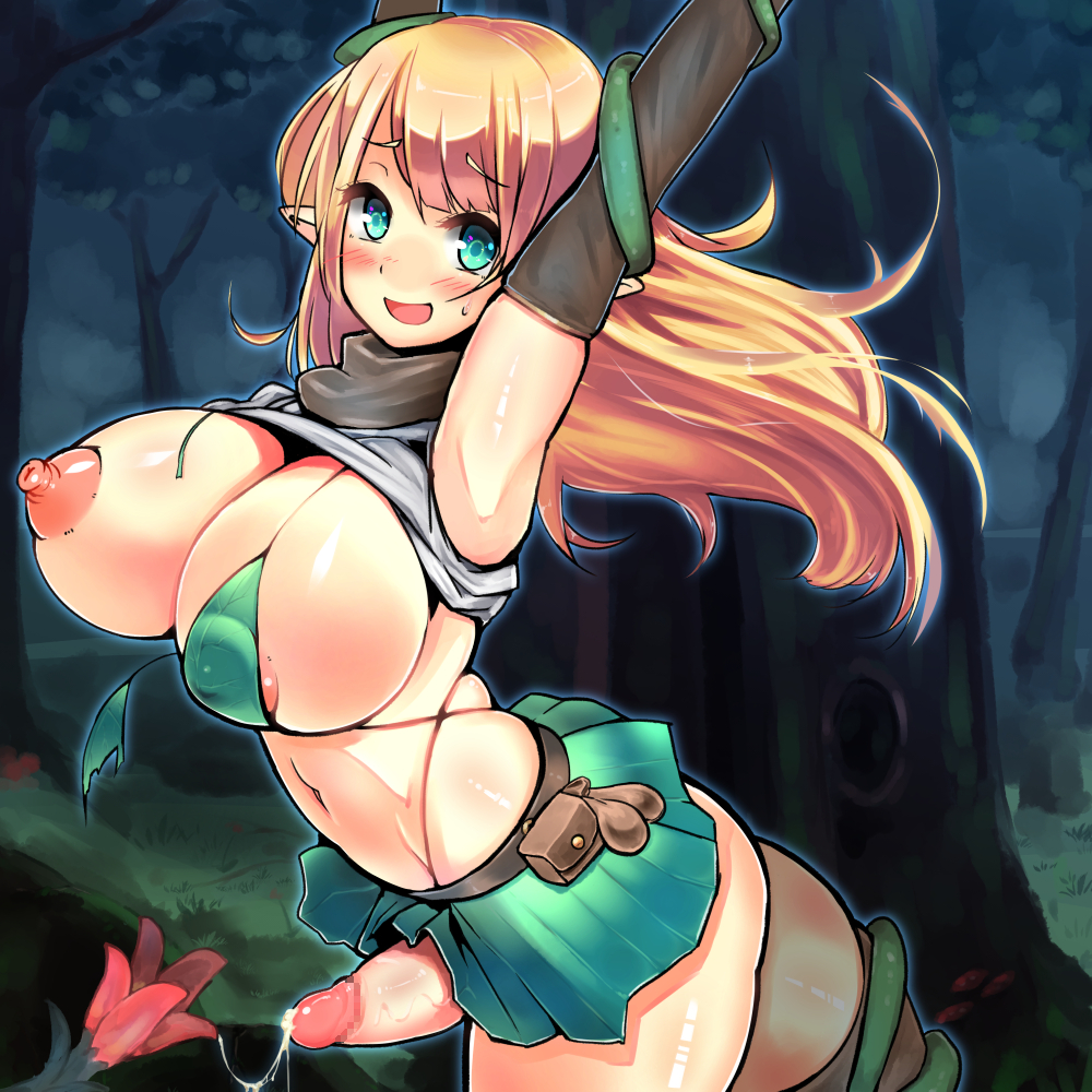 1futa, bikini top, blonde hair, breasts, elf, erection, futa only, futanari, green eyes, horny, intersex, large breasts, nipples, penis, pointless censoring, precum, solo, urakata (artist), vines