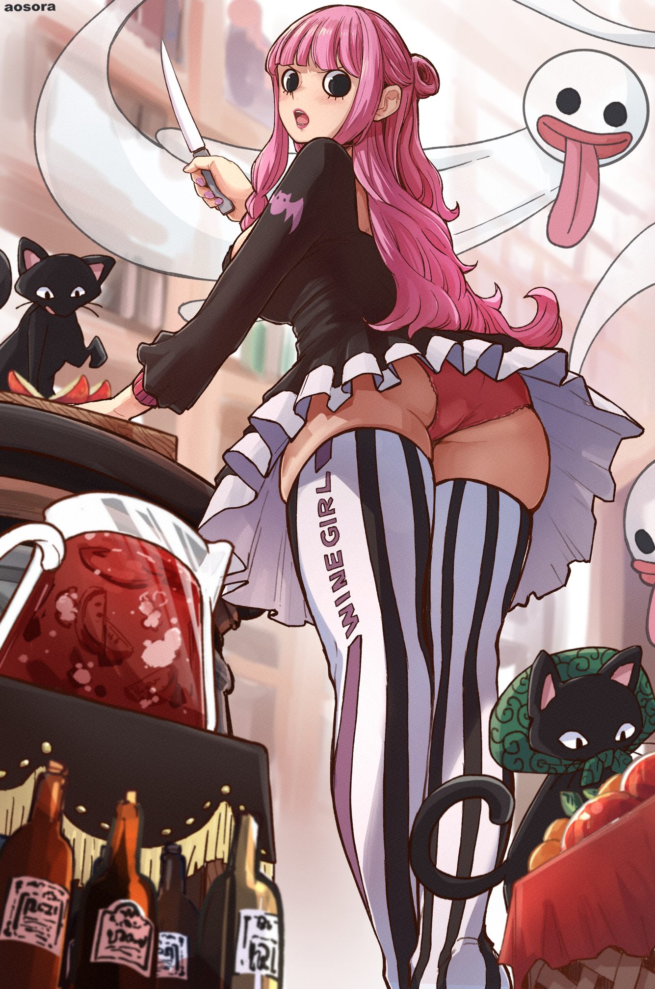 1girls, aosora, artist name, ass, black dress, black eyes, blunt bangs, bottle, bread, breasts, cg, dress, feline, female, female only, food, frilled dress, frills, from behind, from below, fruit, ghost, hair bun, holding, holding knife, indoors, knife, long hair, long sleeves, looking at viewer, looking back, nail polish, one piece, open mouth, panties, pantyshot, perona, pink hair, pink panties, pink-haired female, red panties, short dress, skirt, solo, standing, striped clothes, striped thighhighs, thighhighs, thighs, tongue, underwear, upper teeth only, upskirt, vertical-striped clothes, vertical-striped thighhighs