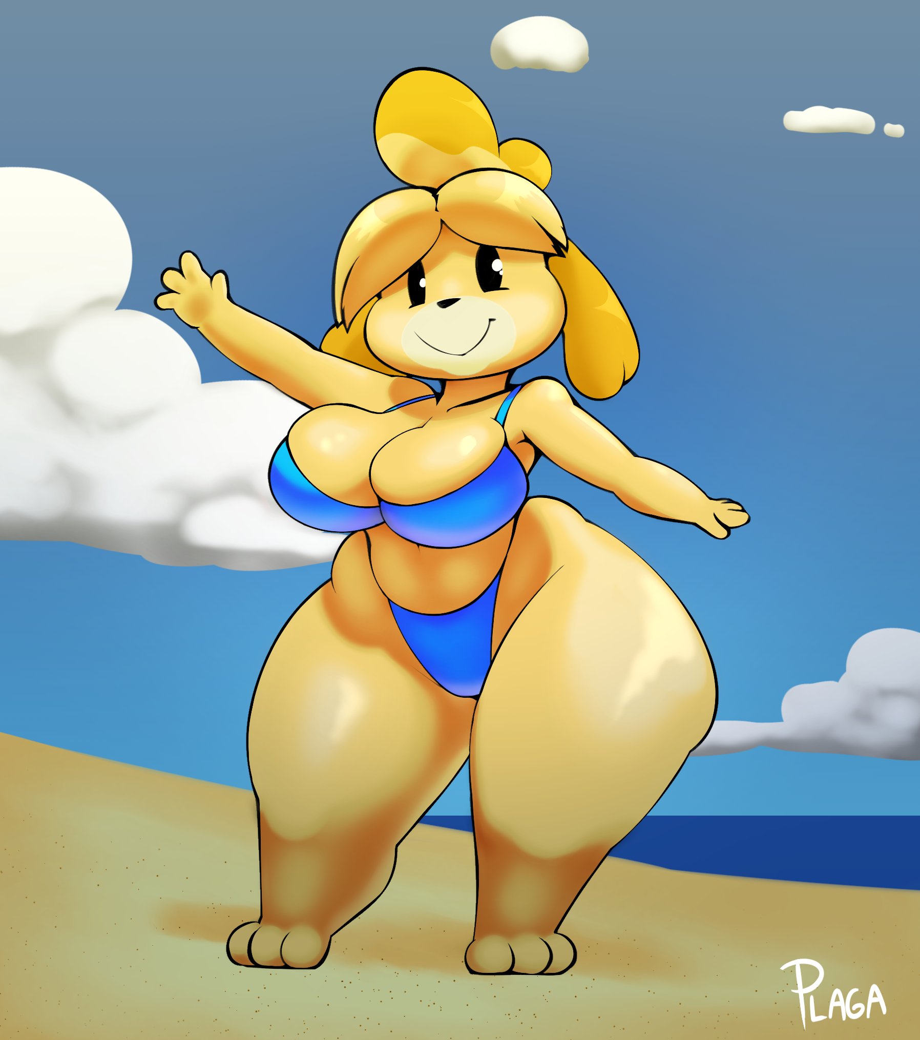 1girls, 2020, animal crossing, anthro, beach, bikini, black eyes, black nose, blue bikini, bottom heavy, breasts, canid, canine, canis, clothed, female, female only, furry, furry only, groin, happy, hourglass figure, isabelle (animal crossing), looking at viewer, medium breasts, nintendo, outdoors, outside, plaga, shortstack, signature, slightly chubby, smile, solo, thick thighs, thighs, video games, voluptuous, waving, wide hips, yellow fur