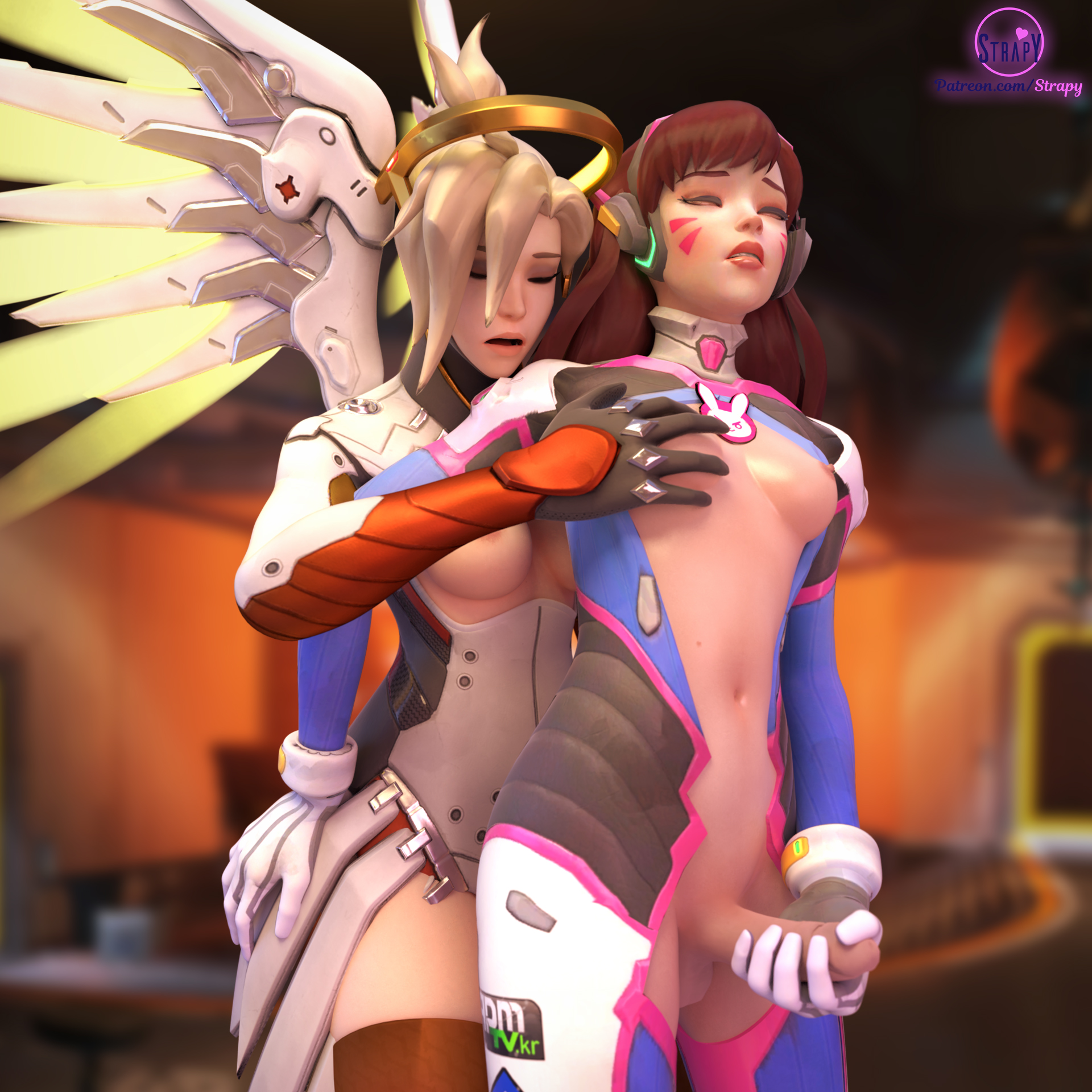 3d, areolae, balls, blender, breasts, d.va, dickgirl, erection, from behind, futa on futa, futanari, intersex, masturbation, mercy, nipples, overwatch, penis, strapy, testicles