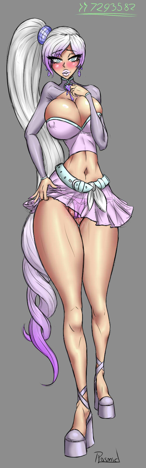 big breasts, bimbo, blush, breasts, cleavage, female, female only, high heels, large breasts, long hair, looking at viewer, mistral outfit, panties, plasmidhentai, ponytail, pussy, pussy juice, rwby, skirt, solo, tied hair, weiss schnee, weiss schnee (mistral)