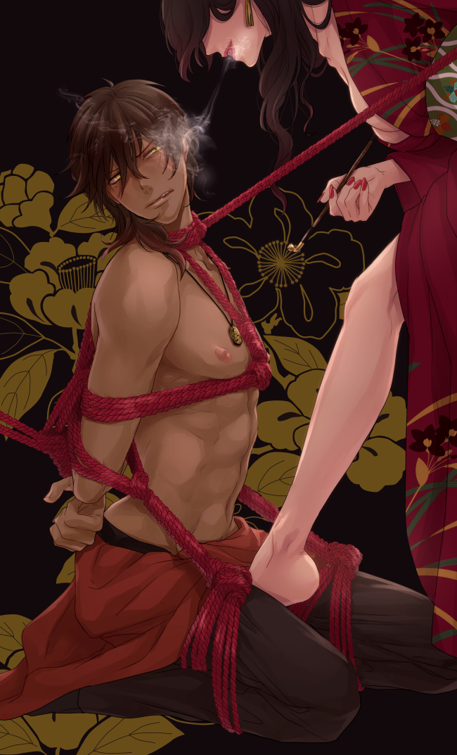 1boy black_hair blush bondage breasts brown_hair cigarette cleavage dark_skin faceless faceless_female female femdom japanese_clothes jewelry kimono kiseru kneeling malesub nipples ookurikara pendant pipe rope shibari_over_clothes shirtless smile smoke straight touken_ranbu yellow_eyes