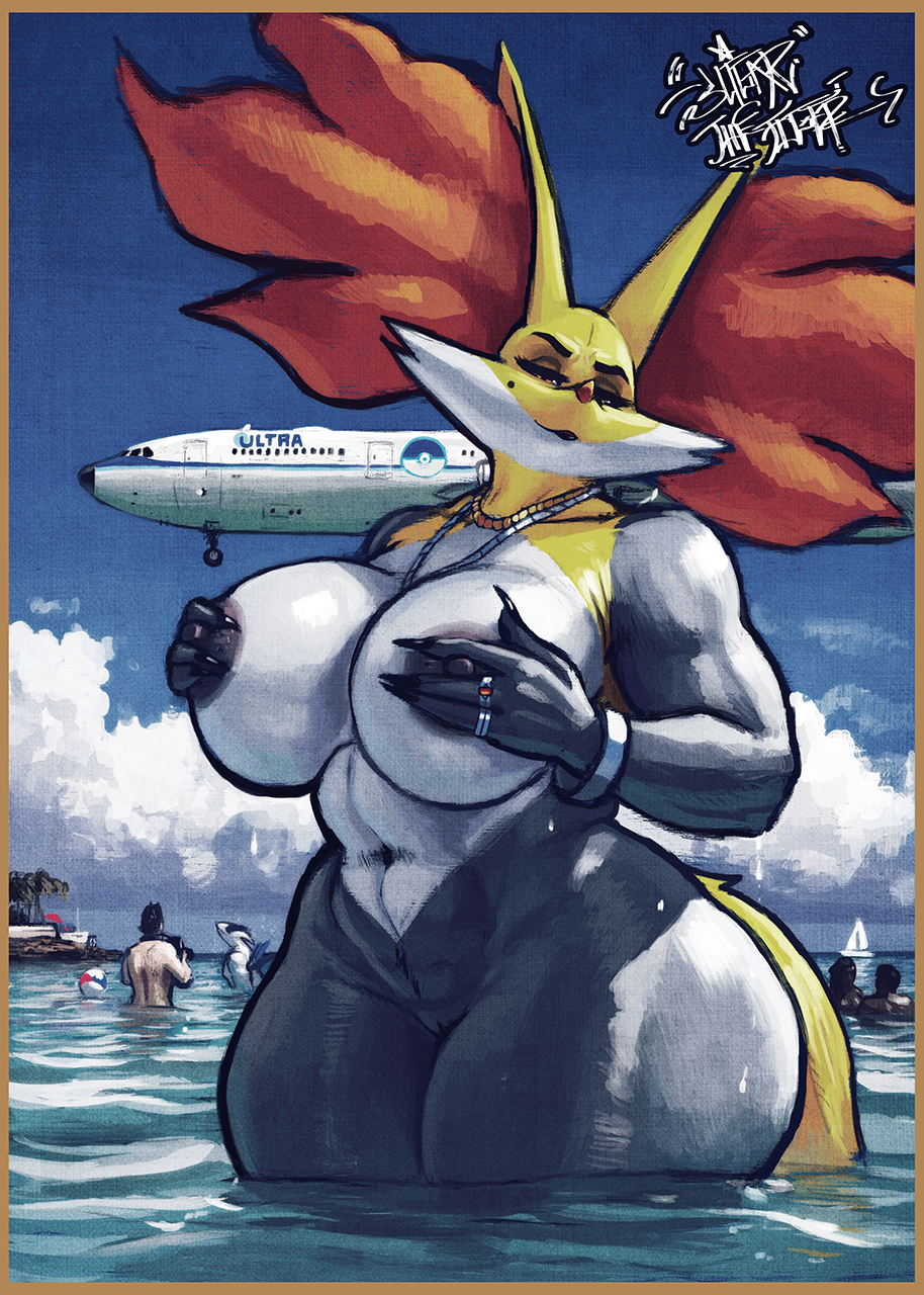 2017 2boys 2girls aircraft airplane ambiguous_gender anthro anthrofied areola avian ball beach_ball beauty_mark big_breasts black_nipples boat breasts canine cloud day delphox english_text female fox furry ghetto_delphox group hand_on_breast hi_res huge_breasts human jewelry legendary_pokemon looking_at_viewer lugia mammal mature_female milf navel necklace nintendo nipples nude original_character pokemon pokemon_(species) pokemon_gsc pokemon_xy pokemorph signature sky sligarthetiger solo_focus text thick_thighs vehicle video_games voluptuous wide_hips