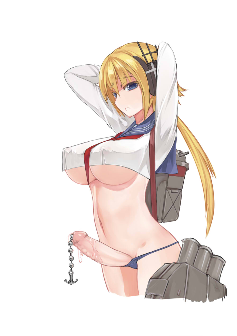 1futa blonde_hair character_request copyright_request dickgirl erection futa_only futa_urethral_insertion futanari intersex large_penis penis solo stmaster uncensored underboob urethral_insertion