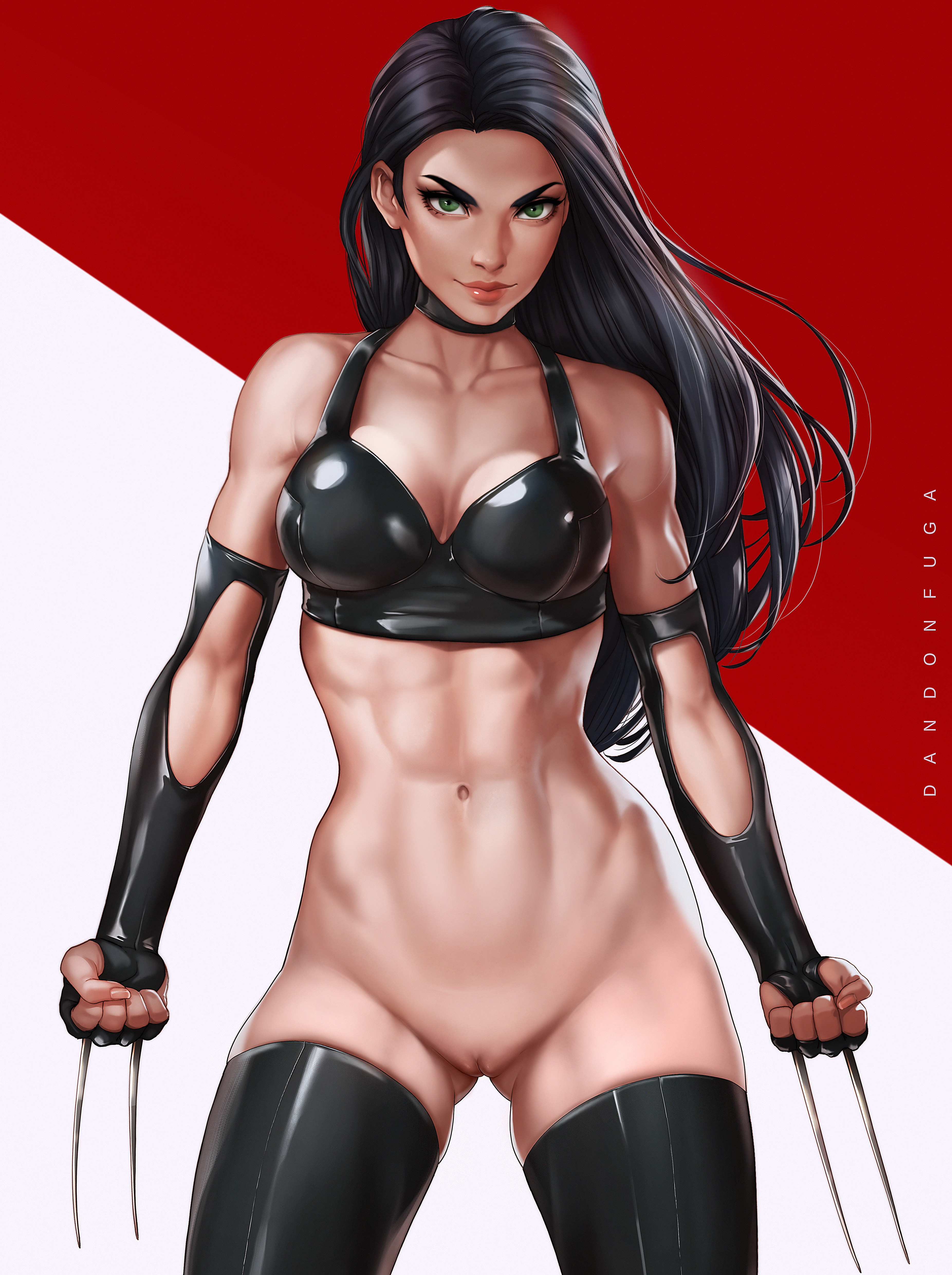 1girls, abs, archway of venus, areolae, artist name, belly, belt, black choker, black gloves, black hair, black pants, bottomless, breasts, choker, claws, cleavage, clenched hands, closed mouth, collarbone, covered breasts, cowboy shot, crop top, dandon fuga, elbow gloves, eyebrows, female, female only, fingerless gloves, gloves, green eyes, high resolution, large breasts, laura kinney, legwear, long hair, looking at viewer, marvel, marvel comics, medium breasts, midriff, muscles, muscular, muscular female, navel, nipples, pants, pussy, red lips, skin tight, sleeveless, solo, standing, stomach, tagme, thick eyebrows, toned, two side up, vagina, very high resolution, weapon, x-23, x-men