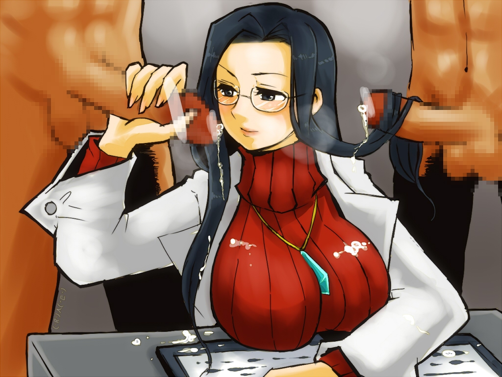 black_hair breasts censored clothing cum faceless_male female glasses hairjob handjob jewelry justice_gakuen labcoat large_breasts long_hair minazuki_kyouko penis rashime_emisa ribbed_sweater rival_schools sweater threesome turtleneck