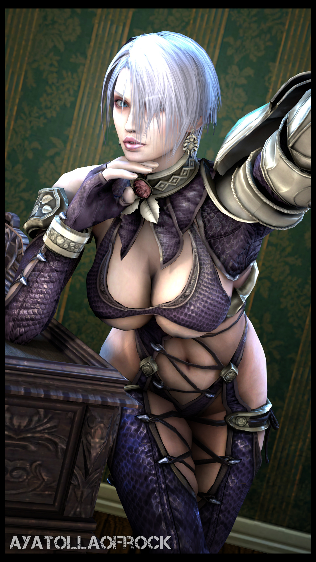 1girls, 2017, 3d, absurdres, armor, ayatollaofrock, big breasts, blue eyes, blush, breasts, eyebrows, eyelashes, female, female only, front view, hair, hands, huge breasts, human, isabella valentine, large breasts, lips, lipstick, looking at viewer, nose, shiny, shiny skin, short hair, silver hair, solo, soul calibur, source filmmaker, standing, stomach, thighhighs
