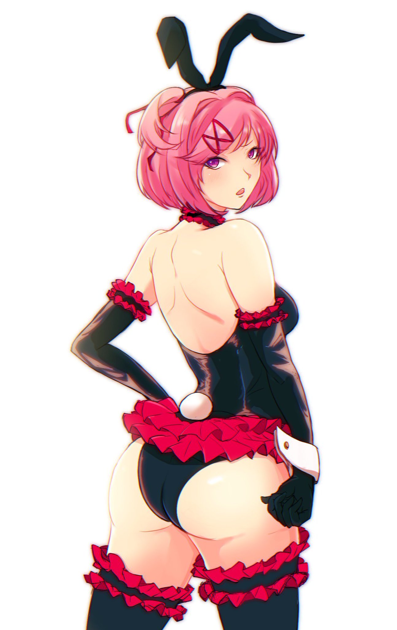 1girls, ass, black legwear, black leotard, black thighhighs, breasts, bubble ass, bubble butt, bunny ear, bunny ears, bunny girl, bunny tail, bunnysuit, doki doki literature club, female, legwear, leotard, looking at viewer, looking back, mats ykr, natsuki (doki doki literature club), pink eyes, pink hair, sideboob, solo, solo female, thighhighs
