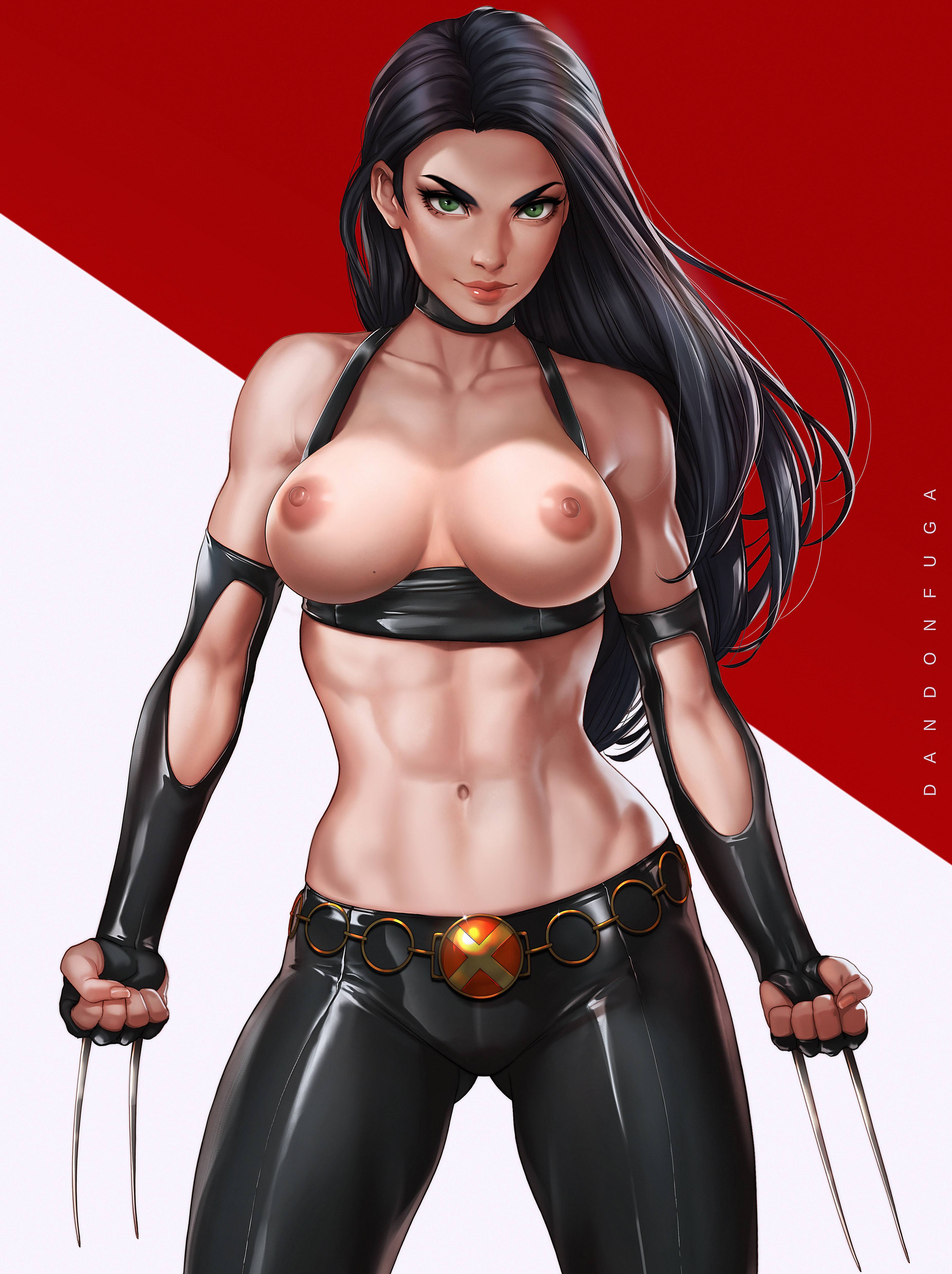 1girls, 2017, 2d, 2d (artwork), abs, archway of venus, areolae, artist name, belly, belt, black choker, black gloves, black hair, black pants, breasts, breasts out, choker, claws, cleavage, clenched hands, closed mouth, collarbone, cowboy shot, crop top, dandon fuga, dark nipples, elbow gloves, eyebrows, female, female only, fingerless gloves, fit, fit female, gloves, green eyes, high resolution, large breasts, laura kinney, long hair, looking at viewer, marvel, marvel comics, medium breasts, midriff, muscles, muscular, muscular female, mutant (marvel), navel, nipples, no sex, pants, partially clothed, powers, pussy, red lips, skin tight, sleeveless, smirk, smirking at viewer, solo, solo female, standing, stomach, thick eyebrows, toned, two side up, vagina, very high resolution, weapon, x-23, x-men