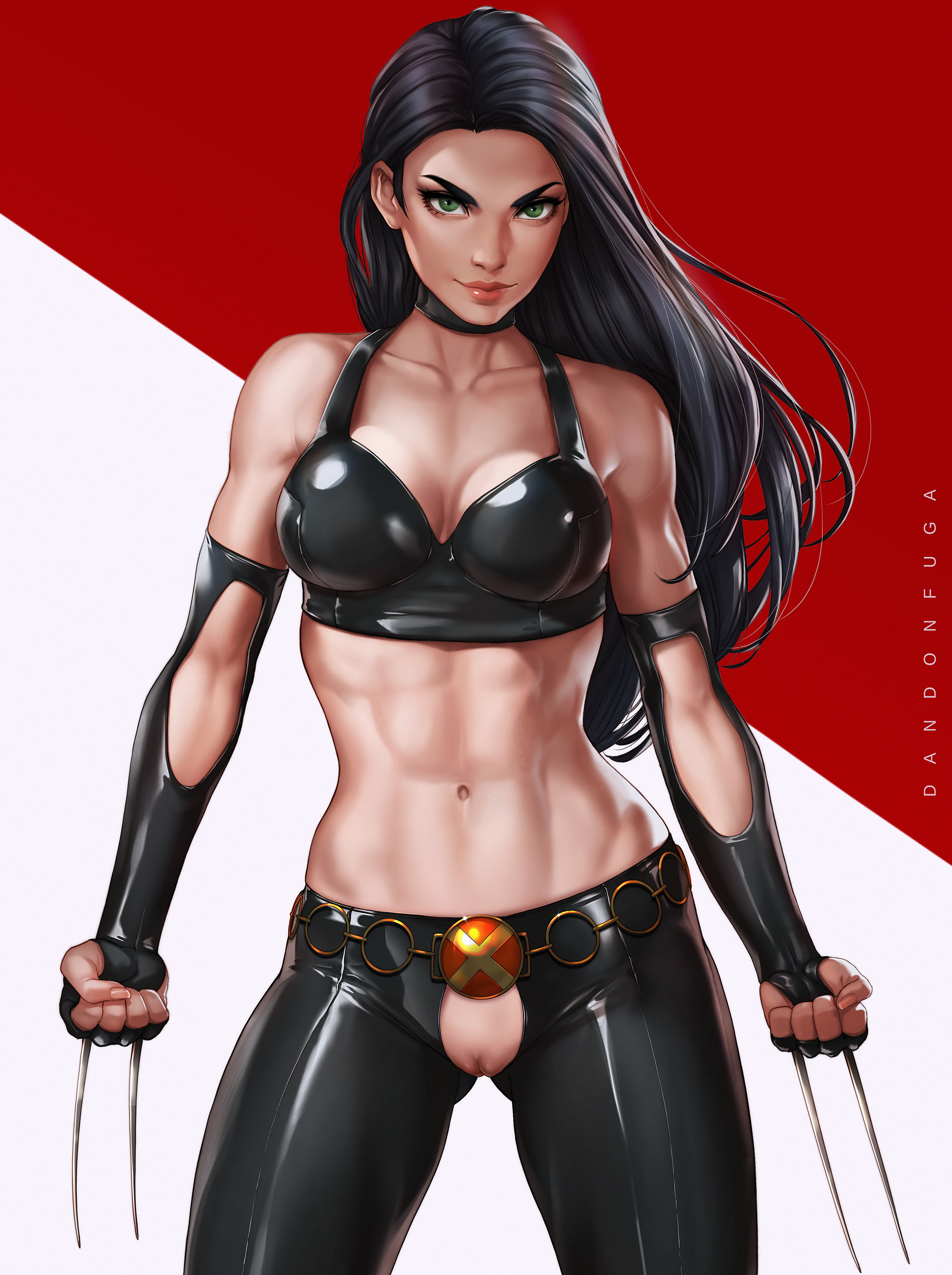 abs, archway of venus, areolae, artist name, belly, belt, black choker, black gloves, black hair, black pants, breasts, choker, claws, cleavage, clenched hands, closed mouth, collarbone, covered breasts, cowboy shot, crop top, dandon fuga, elbow gloves, eyebrows, female, female only, fingerless gloves, gloves, green eyes, high resolution, large breasts, laura kinney, long hair, looking at viewer, marvel, marvel comics, medium breasts, midriff, muscles, muscular, muscular female, navel, nipples, pants, pussy, red lips, skin tight, sleeveless, solo, standing, stomach, tagme, thick eyebrows, toned, torn clothes, two side up, vagina, very high resolution, weapon, x-23, x-men