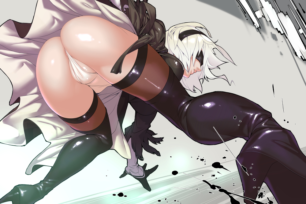 1girls, anus, anus peek, ass, ass focus, blindfold, cameltoe, female, female only, high heels, leotard, light-skinned female, nier, nier: automata, panties, pussy, skirt, solo, thighhighs, tomoyuki kotani, upskirt, wedgie, yorha 2b