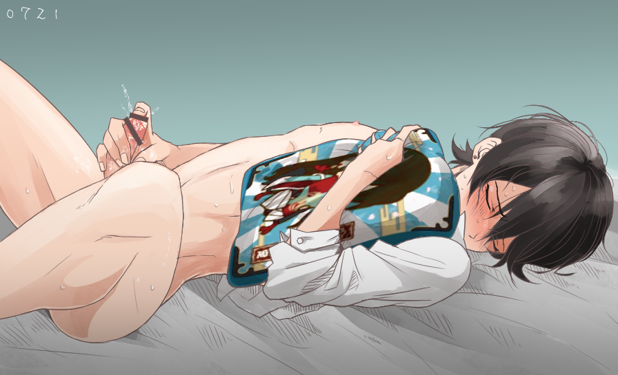 1boy arched_back bar_censor bed_sheet black_hair blush bottomless censored closed_eyes cum dated earrings egasumi erection femboy full-face_blush girly gradient gradient_background horikawa_kunihiro izuminokami_kanesada jewelry kyoujixxxx legs long_sleeves lying male_masturbation male_only masturbation nipples on_back open_clothes open_shirt pillow precum shirt short_hair solo sweat thighs touken_ranbu twink