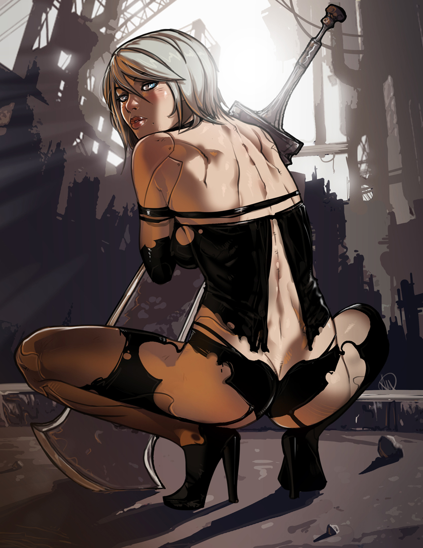 ass, blue eyes, female, ganassa, high heels, nier, nier: automata, short hair, solo, squatting, sword, weapon, white hair, yorha a2