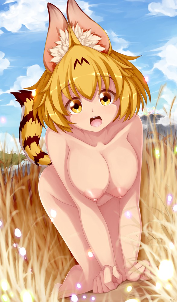 all_fours animal_ears big_breasts blonde_hair breasts kemono_friends nipples nude open_mouth serval_(kemono_friends) serval_ears serval_tail short_hair tail yellow_eyes