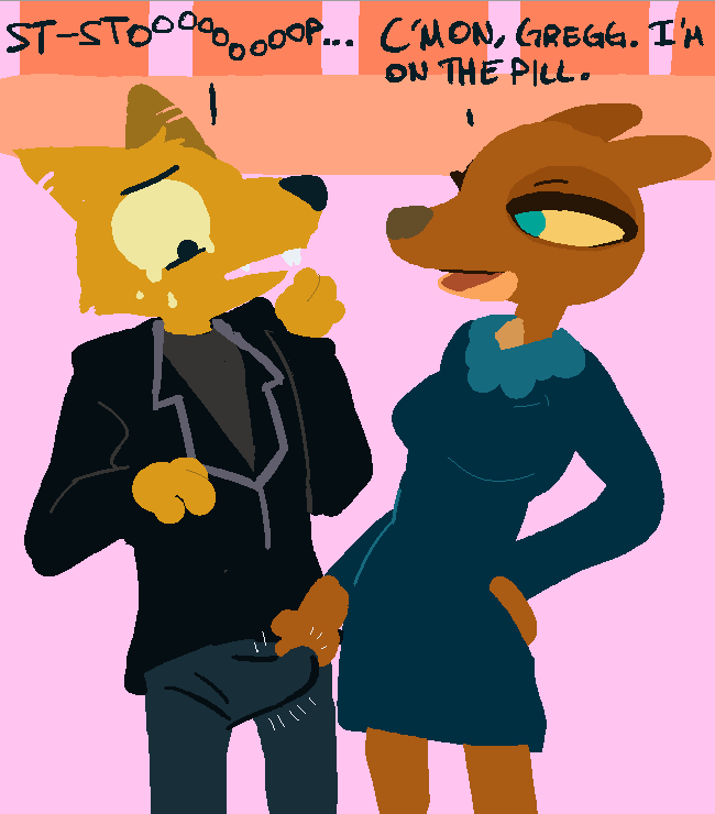 anthro breasts canine clothed clothing duo english_text erection erection_under_clothes female gregg_(nitw) grope male mammal night_in_the_woods straight text unknown_artist unwanted_erection