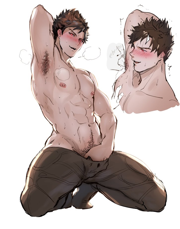 1boy, abs, armpit licking, armpits, art dump, bara, belial (granblue fantasy), blush, body hair, brown hair, granblue fantasy, haiki396g, hand in pants, male, male only, muscles, muscular, naughty face, on knees, pubic hair, red eyes, solo, solo focus, sweat, tagme, topless, visible breath, white background, yaoi
