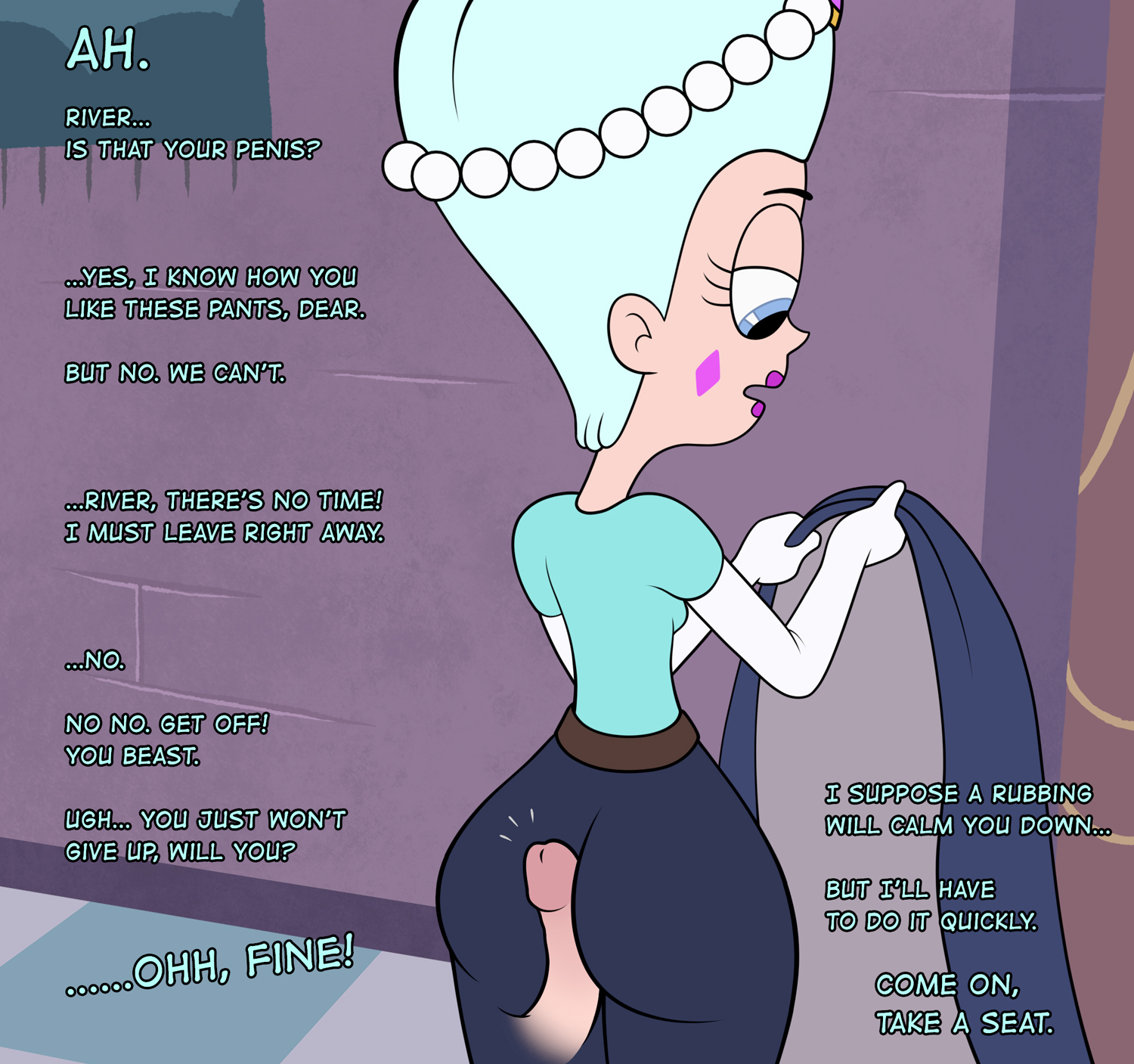 1boy, 1girls, ass, assjob, big ass, blue eyes, blue hair, buttjob, clothed, clothed female, clothes, clothing, covered assjob, covered buttjob, dilf, disembodied penis, disney, disney channel, disney xd, duo, english text, erection, female, female focus, from behind, hot dogging, large ass, light blue hair, looking away, lovestar, male, male/female, massive ass, mature female, mewman, milf, moon butterfly, outercourse, partial male, penis, queen, raidon dimentional land, river johansen, room, royal, royalty, rubbing, rubbing penis, rubbing penis on ass, sex, sitting, star vs the forces of evil, straight, text, thick thighs, thighs, white female, yoga pants