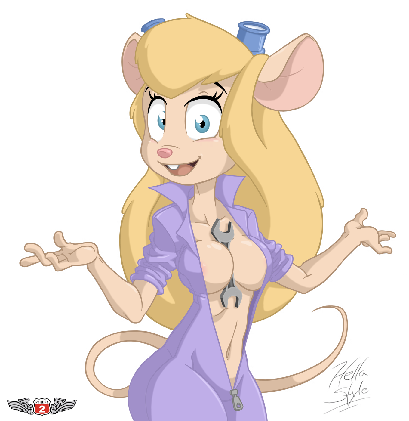 1girls, anthro, anthrofied, blonde hair, blue eyes, bodysuit, breasts, chip 'n dale rescue rangers, cleavage, disney, female, female only, gadget hackwrench, hellahellastyle, long hair, medium breasts, midriff, navel, open clothes, open shirt, phillipthe2, shirt, solo, standing, white background, wide-eyed