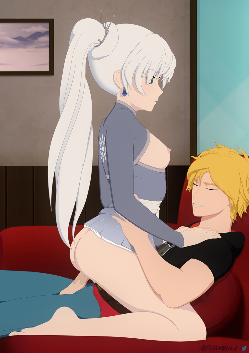 blonde hair, blue eyes, breasts, closed eyes, clothed, clothed sex, cowgirl position, female, jaune arc, jaune arc (mistral), male, mistral outfit, necromalock, pussy, rwby, sex, smiling, straight, tagme, vaginal penetration, vaginal sex, weiss schnee, weiss schnee (mistral), white hair