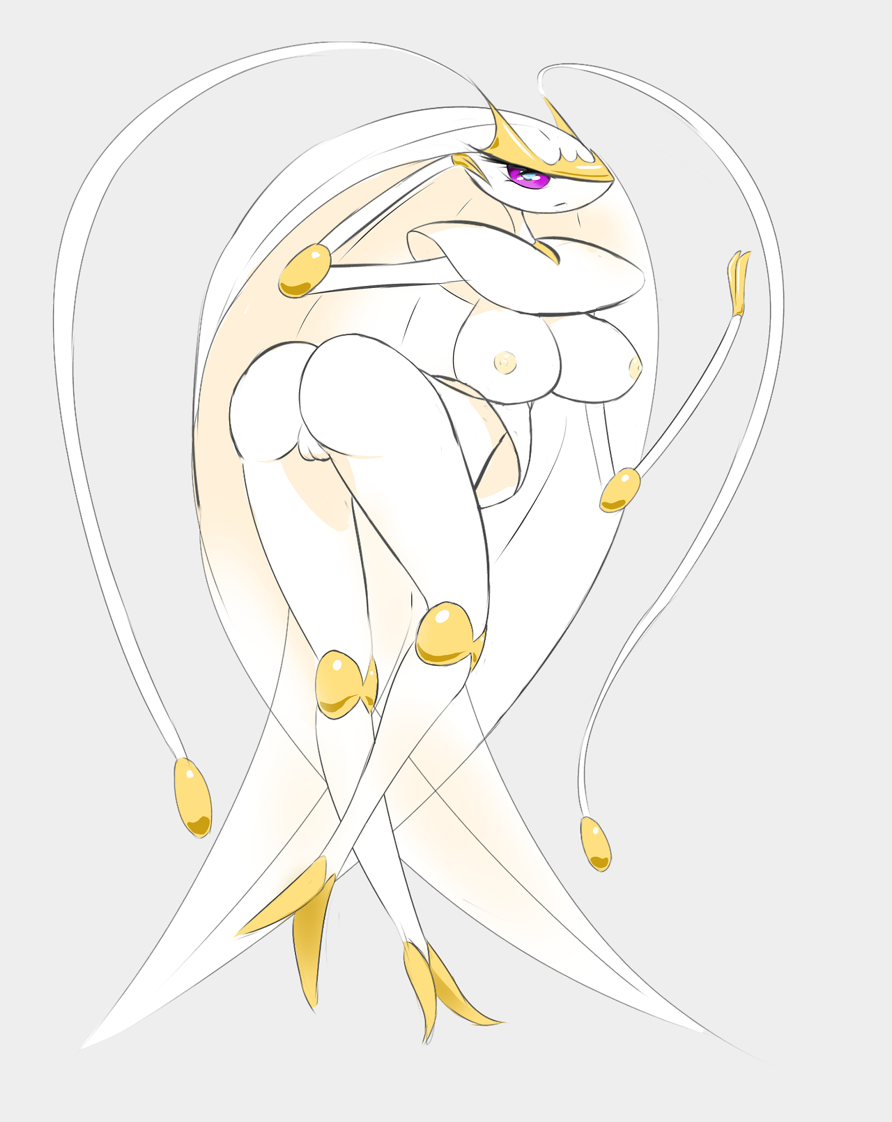 1girls, antennae, areolae, arm up, ass, bent over, big breasts, blue eyes, breasts, crossed legs, eyelashes, feet, female, female only, grey background, insect, looking at viewer, looking back, nintendo, nipples, nude, pheromosa, pokemon, pokemon (species), pokemon sm, purple sclera, pussy, solo, standing, yellow skin