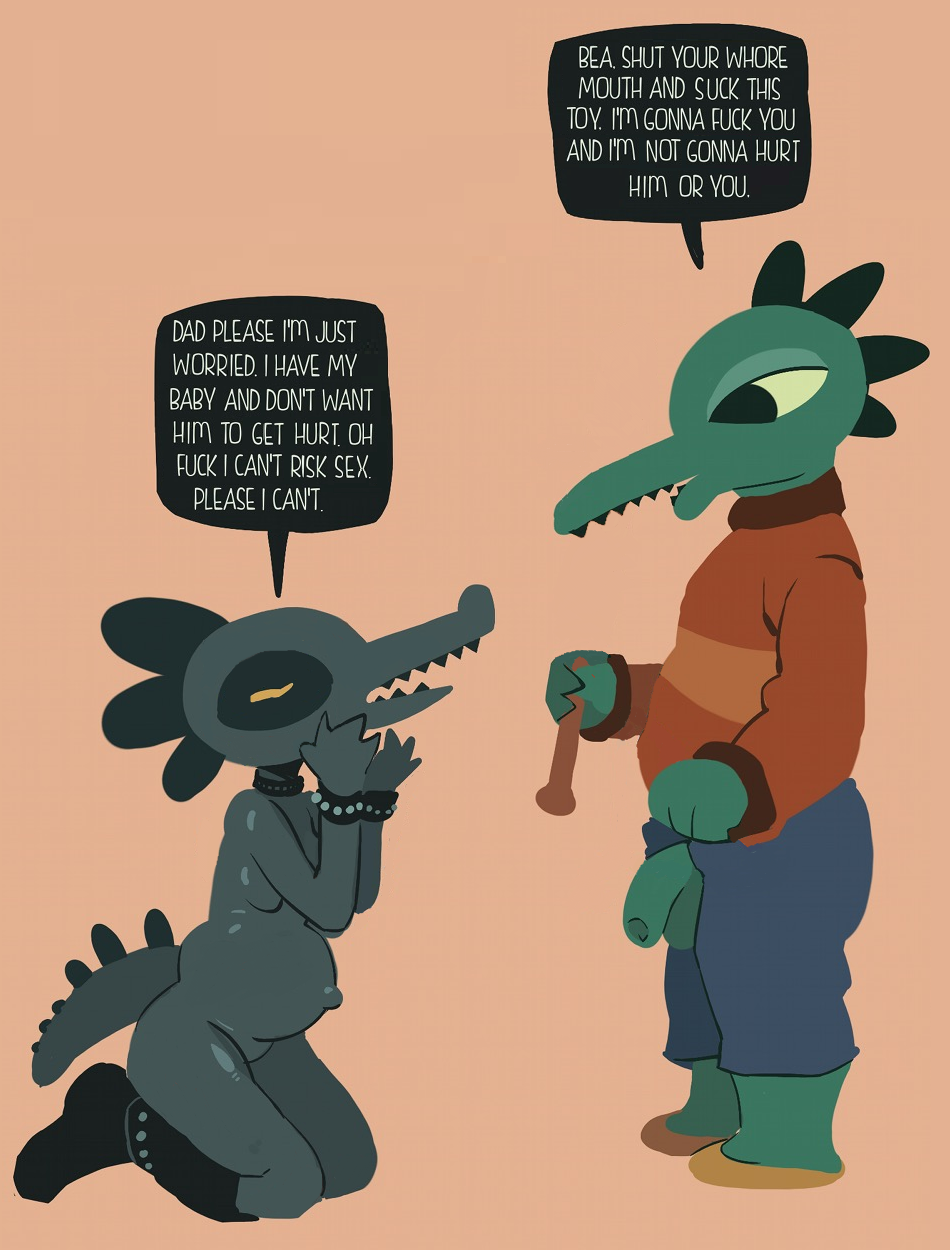 alligator anthro balls bea_(nitw) belly big_belly breasts clothed clothing crocodilian dialogue dildo duo edit english_text female flaccid green_balls green_penis imminent_sex kneeling male night_in_the_woods penis pregnant reptile scalie sex_toy text unknown_artist