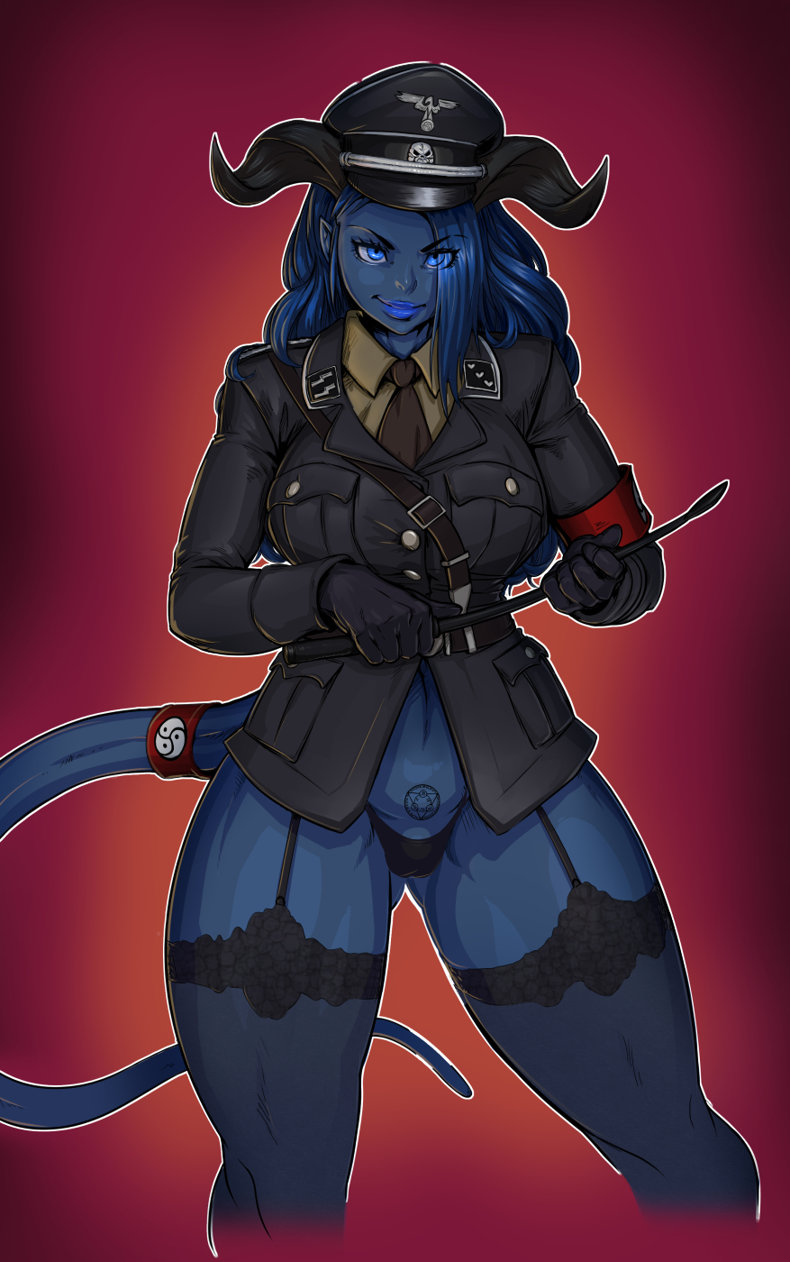 blue_eyes blue_hair blue_skin draenei female garter_straps horns long_hair mali6 military_uniform nanako nazi panties solo standing tail tattoo thighhighs uthstar01 world_of_warcraft