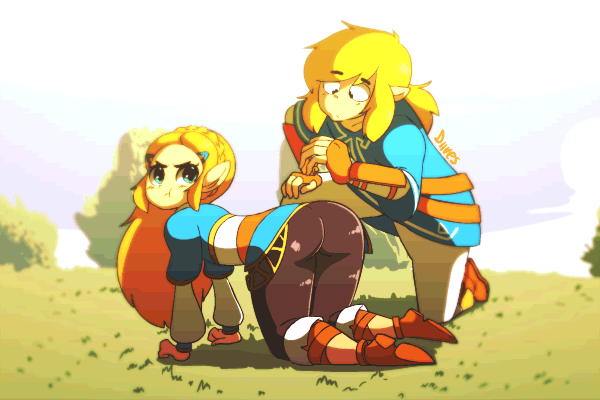 1boy, 1girls, 2017, 5 fingers, all fours, animated, animated gif, ass, blonde hair, blue eyes, braided hair, breath of the wild, cute, diives, female, french braid, humanoid, humanoid hands, hylian, leggings, link, link (breath of the wild), long hair, male, nintendo, patreon, pointy ears, pout, princess, princess zelda, royal, royalty, spanking, the legend of zelda, thumbs up, video games, watermark, yoga pants, zelda (breath of the wild)