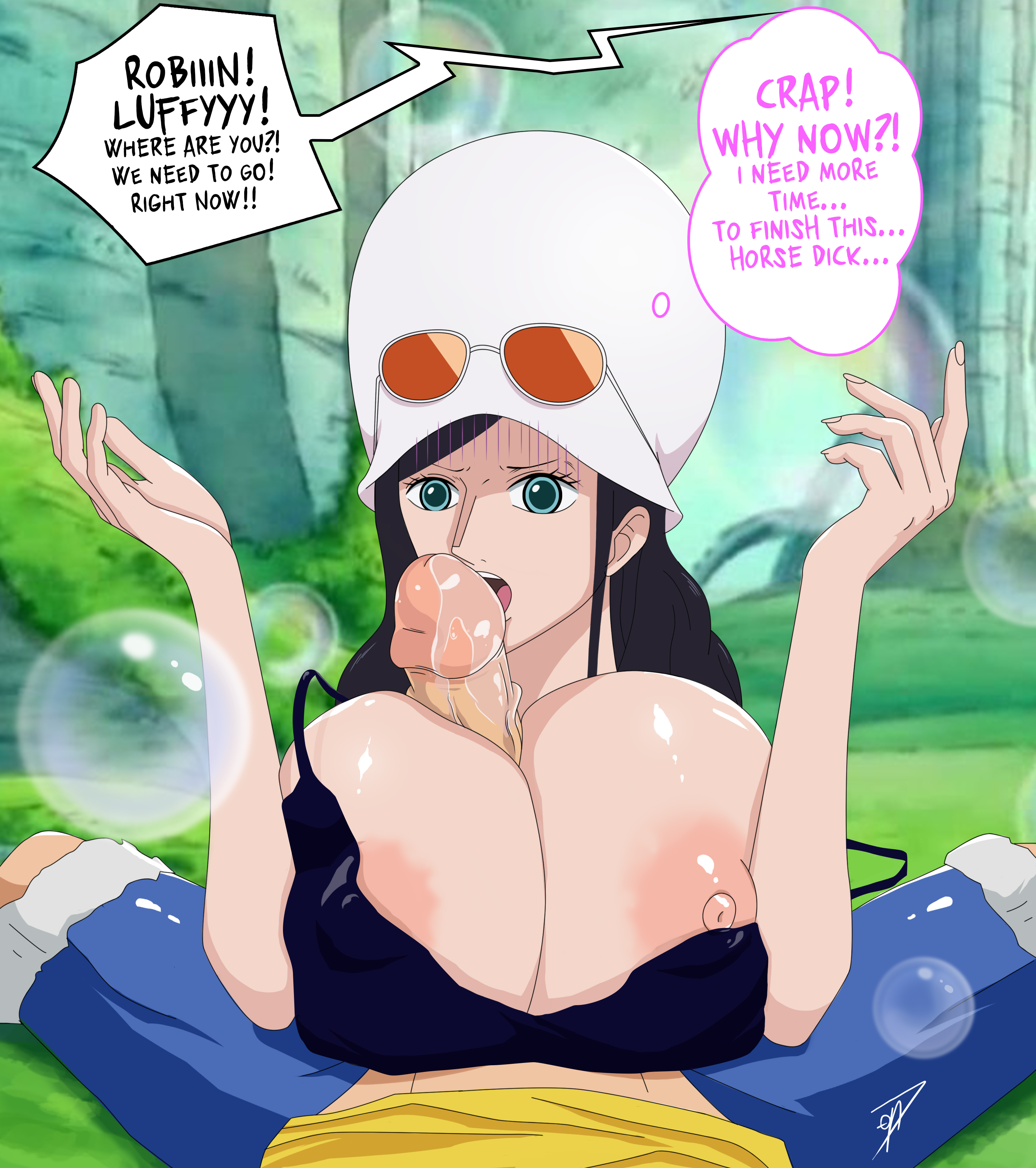 1boy, black hair, breasts, cum between breasts, dressrosa, ejaculation between breasts, english text, eyewear on head, female, glasses, glasses on head, huge breasts, huge cock, licking, long hair, male, monkey d luffy, nico robin, one piece, ons, paizuri, penis, pov, straight, sunglasses on head, text