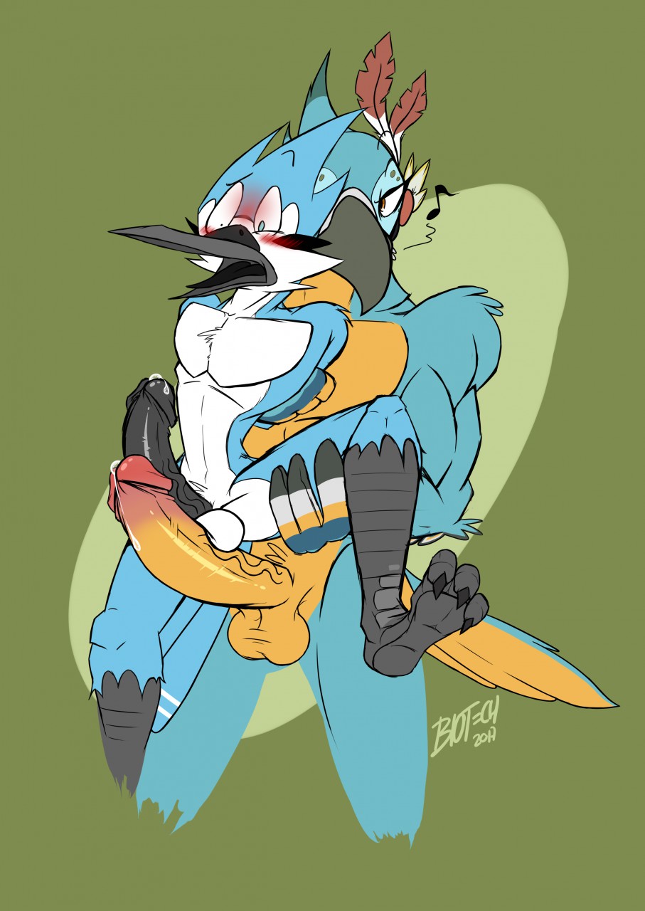 2boys anthro avian balls beak biceps bird blush breath_of_the_wild cartoon_network cum cum_on_penis erection feathers gay holding kass_(zelda) l-tech-e-coyote-l looking_down macaw male male_only manly mordecai_(regular_show) muscles nintendo nude open_mouth orgasm parrot pecs penis raised_leg regular_show rito spread_legs spreading standing the_legend_of_zelda thick_penis tongue vein veiny_penis wings yaoi