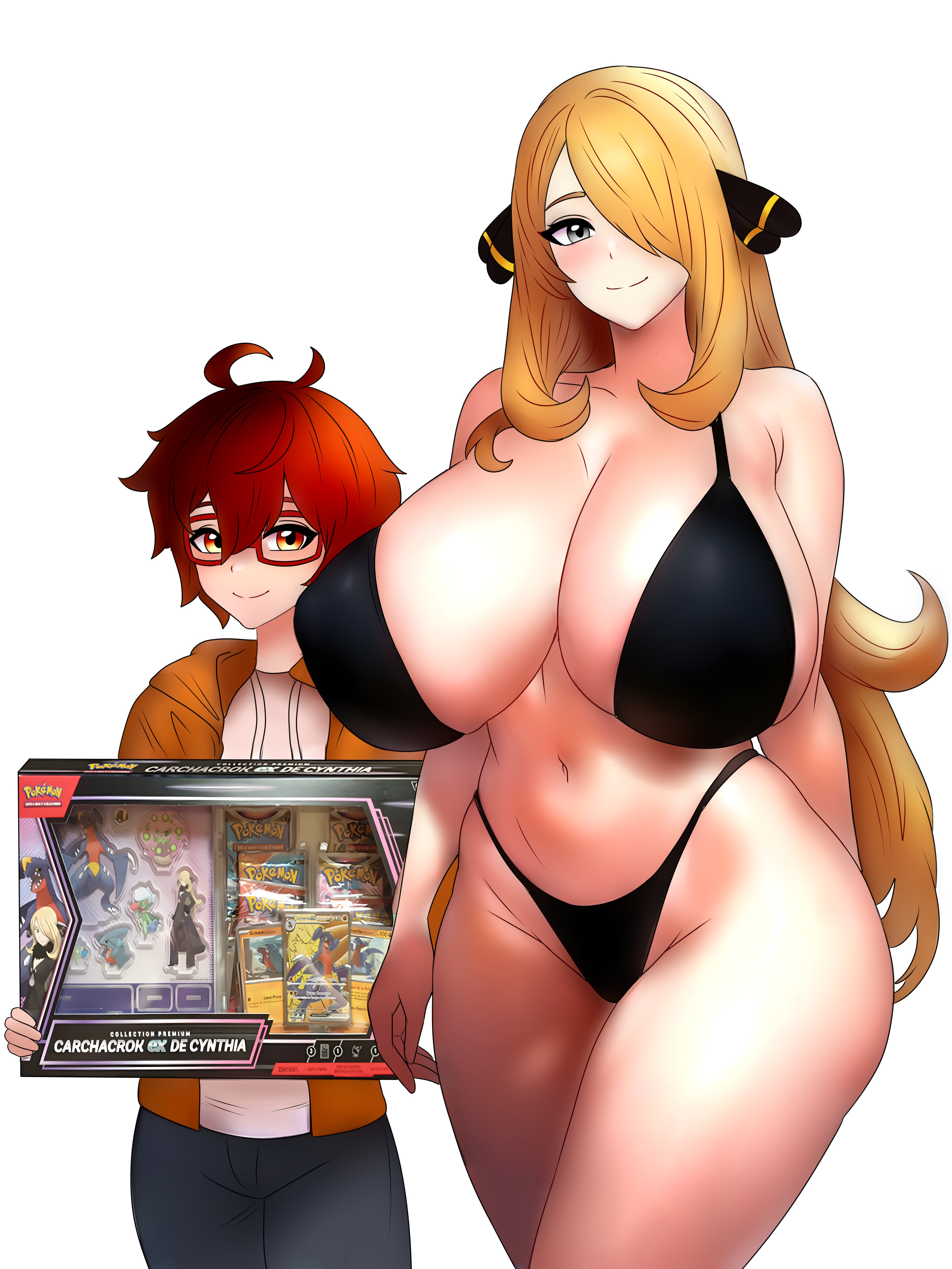 1boy, 1girls, age difference, ass, big ass, big breasts, bikini, black bikini, blonde female, blonde hair, box, breasts, brown hair, cards, chorquistudios, clothed male, cynthia (pokemon), female, game freak, glasses, happy, huge breasts, long hair, male, mature female, mature male, milf, nintendo, paulu, pokemon, pokemon dppt, size difference, walking, walking together