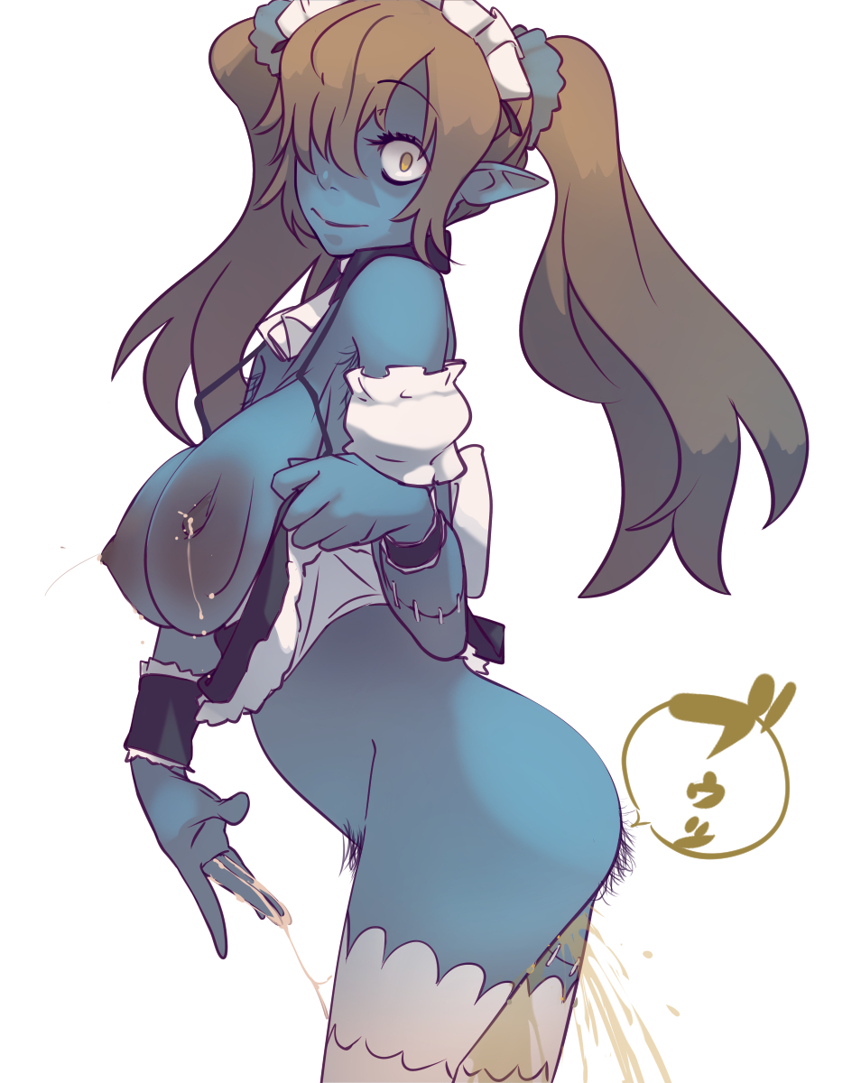 1girls, anal hair, armpit hair, ass, blue skin, bottomless, breasts, brown hair, disgaea, disgaea 5, female, female only, huge areolae, lactation, large breasts, maid, maid (disgaea), maid headdress, maid uniform, niko (toitoi210), nippon ichi software, no bra, no panties, peeing, pointy ears, pubic hair, side view, skirt lift, solo, thighhighs, twintails, zombie, zombie girl