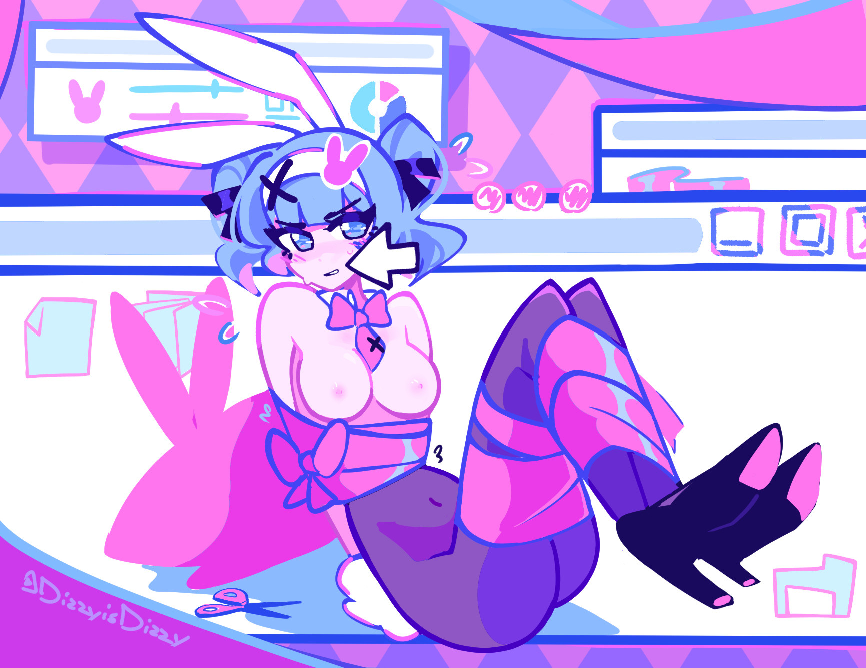 1girl, animal ears, arms behind back, bangs, blue eyes, blue hair, blush, bound, bow, breasts, bunny ears, covered navel, cursor, detached collar, dizzyisdizzy, double bun, fake animal ears, female, hair ornament, hatsune miku, high heels, looking at viewer, medium breasts, nipples, pantyhose, playboy bunny, rabbit ears, rabbit hole (vocaloid), rabbit tail, ribbon, ribbons, sitting, solo, tagme, tail, tied up, topless, virtual youtuber, vocaloid