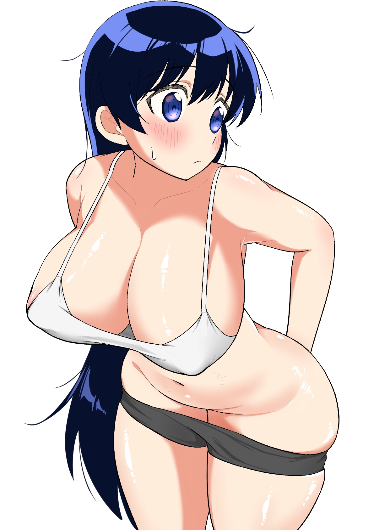 arato nagi, bare arms, black hair, black shorts, blush, breasts, camisole, cleavage, closed mouth, clothes pull, collarbone, female, highres, imiin, large breasts, long hair, navel, purple eyes, ruri no houseki, shorts, shorts pull, sidelocks, simple background, solo, standing, sweatdrop, very long hair, white background, white camisole