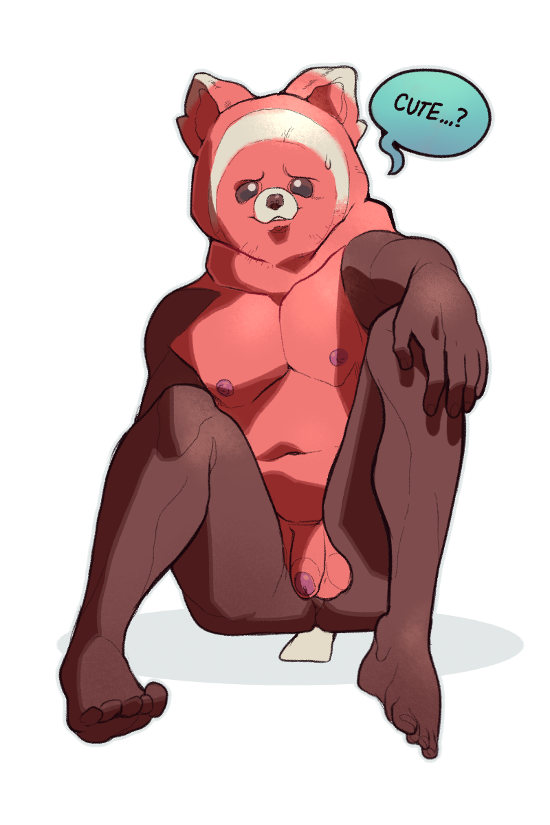 1boy alpha_channel anthro ass black_eyes brown_fur feet flaccid floatiesoda furry looking_at_viewer male male_only nintendo nipples nude panda penis pink_fur pokemon pokemon_sm sitting solo stufful sweat testicles text toes video_games white_fur